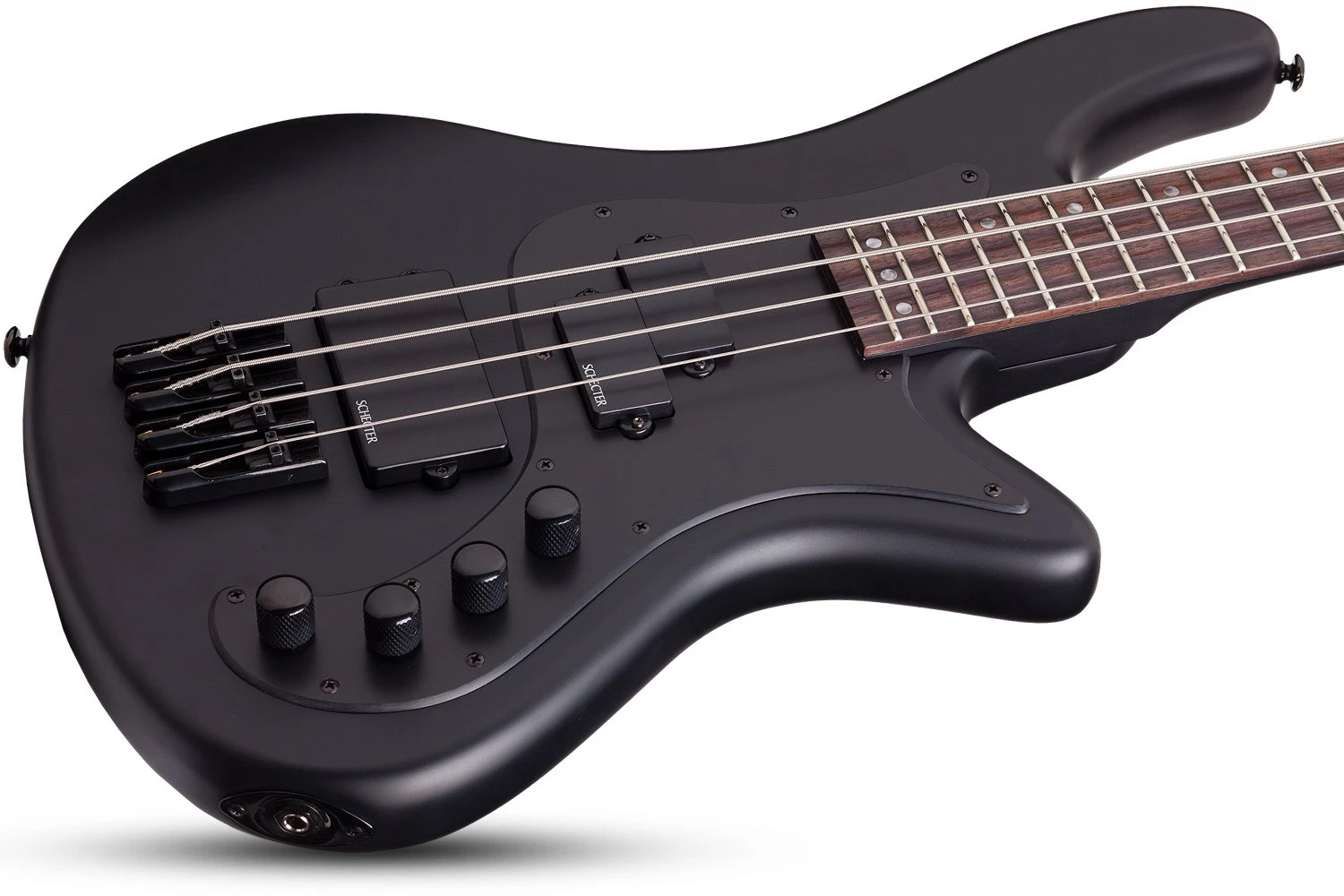 Schecter Stiletto Stealth-4 Bass Guitar in Satin Black - STILETTO STEALTH 4 SBK BODYTILT.jpg