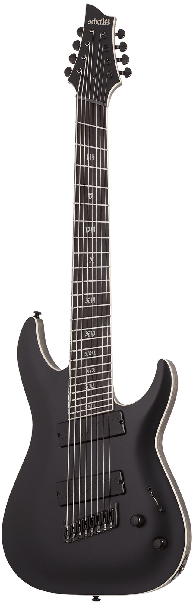 Schecter C-8 SLS Multiscale Elite Evil Twin in Black - 499767-C-8 MS ELITE EVIL TWIN TILT.jpg