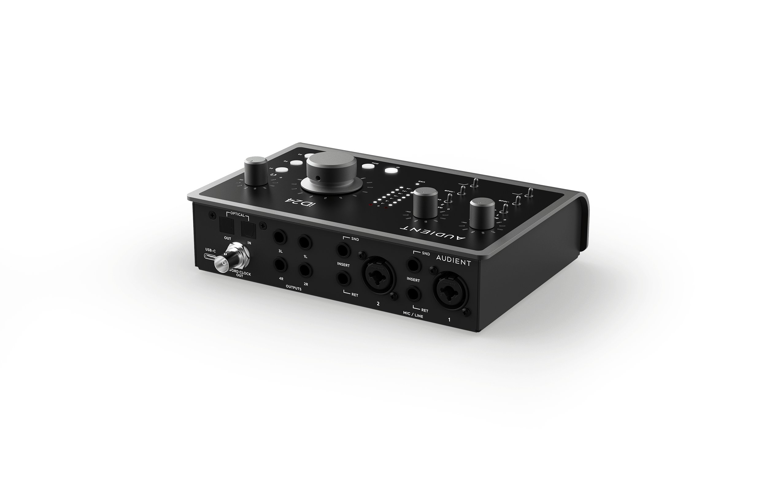 Audient ID24 Audio Interface 10 in 14 out High Performance USB Interface with Scroll Control and Loopback - ID24-Audient---iD24---Rear-3-4-Right@0.5x.jpg