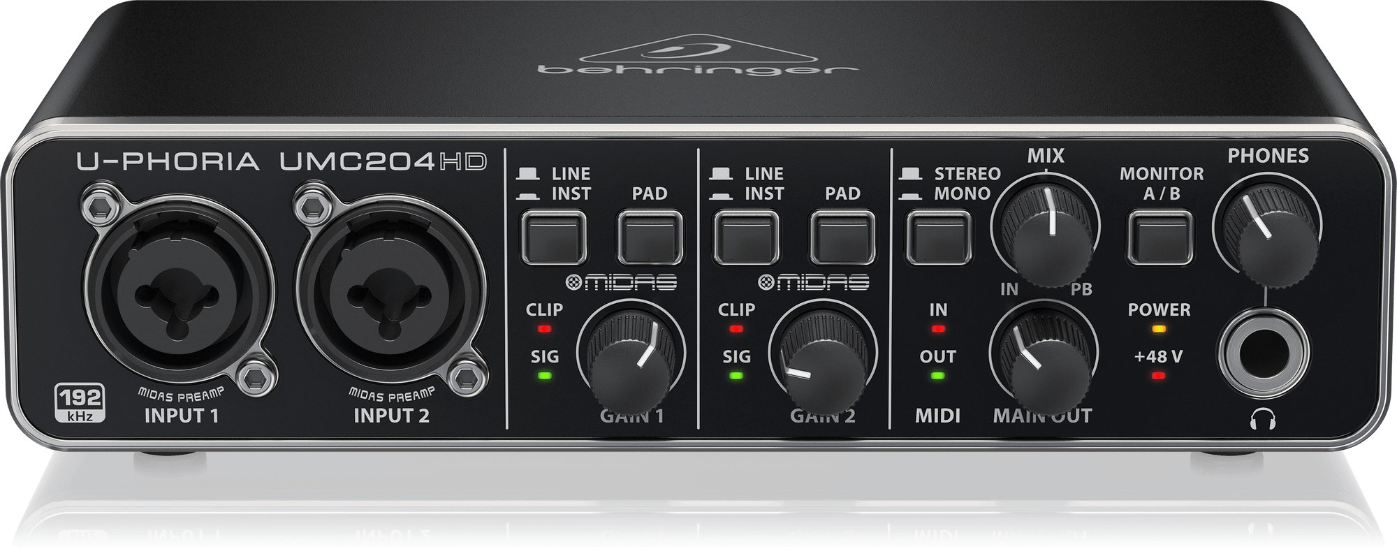 Behringer UMC204HD Audiophile 2x4 USB Audio Interface with MIDAS Mic Preamplifier - 445735-UMC204HD_P0BK0_Top-Front_XL.jpg
