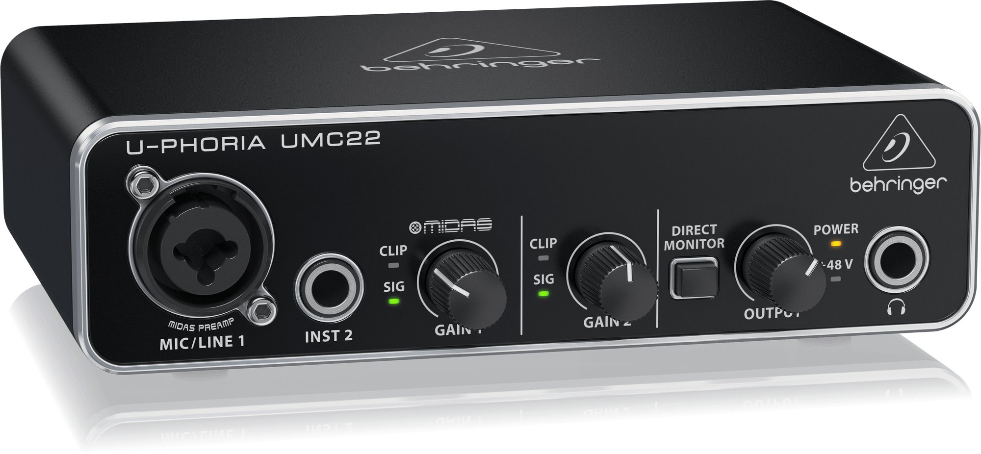 Behringer UMC22 Audiophile 2x2 USB Audio Interface with MIDAS Mic Preamplifier - 456420-UMC22_P0AUX_Left_XL.jpg
