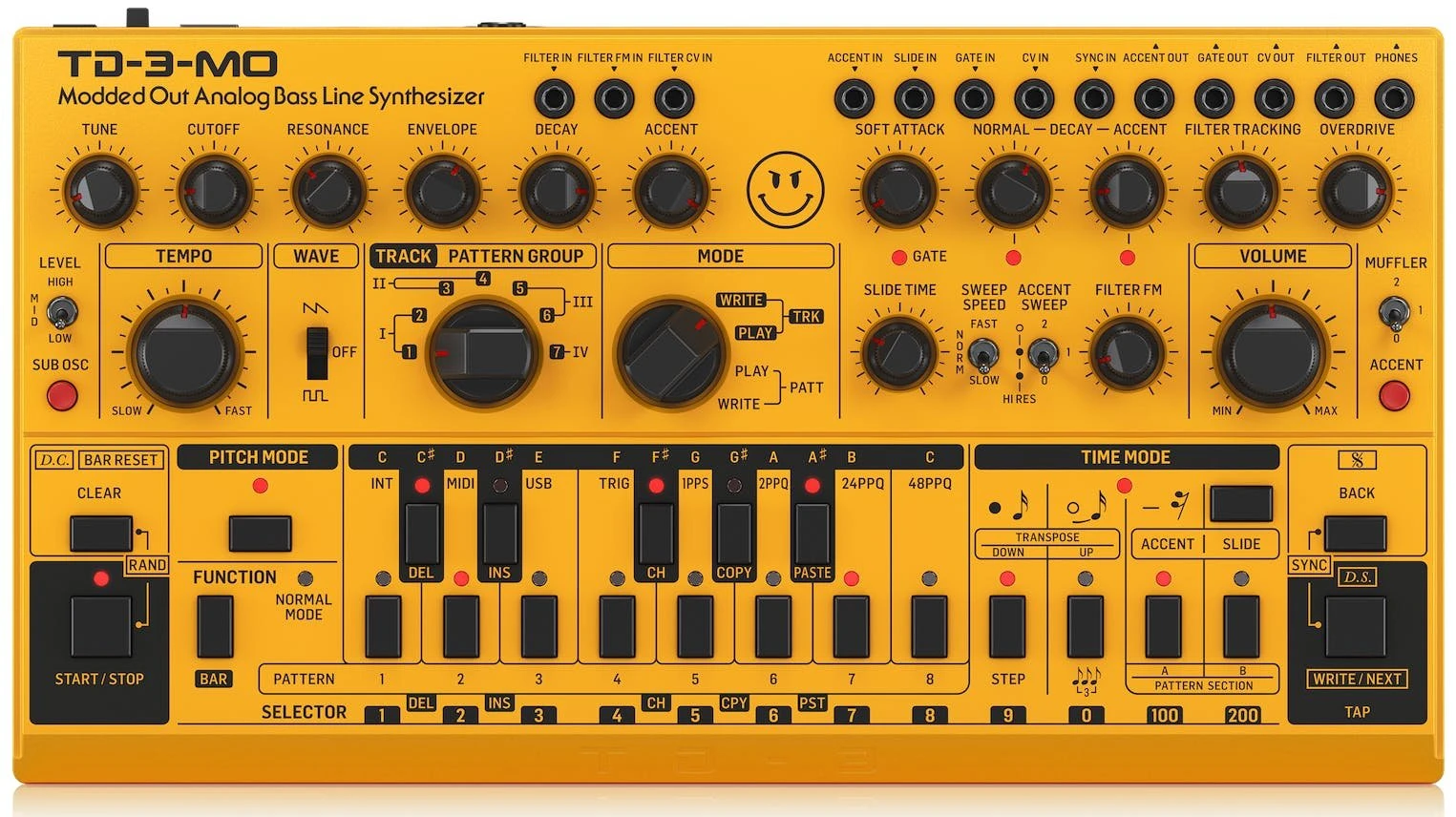 Behringer TD-3-MO-AM Modded Out Analogue Bass Line Synthesizer in Yellow - 440854-Front 1 Yellow.jpg