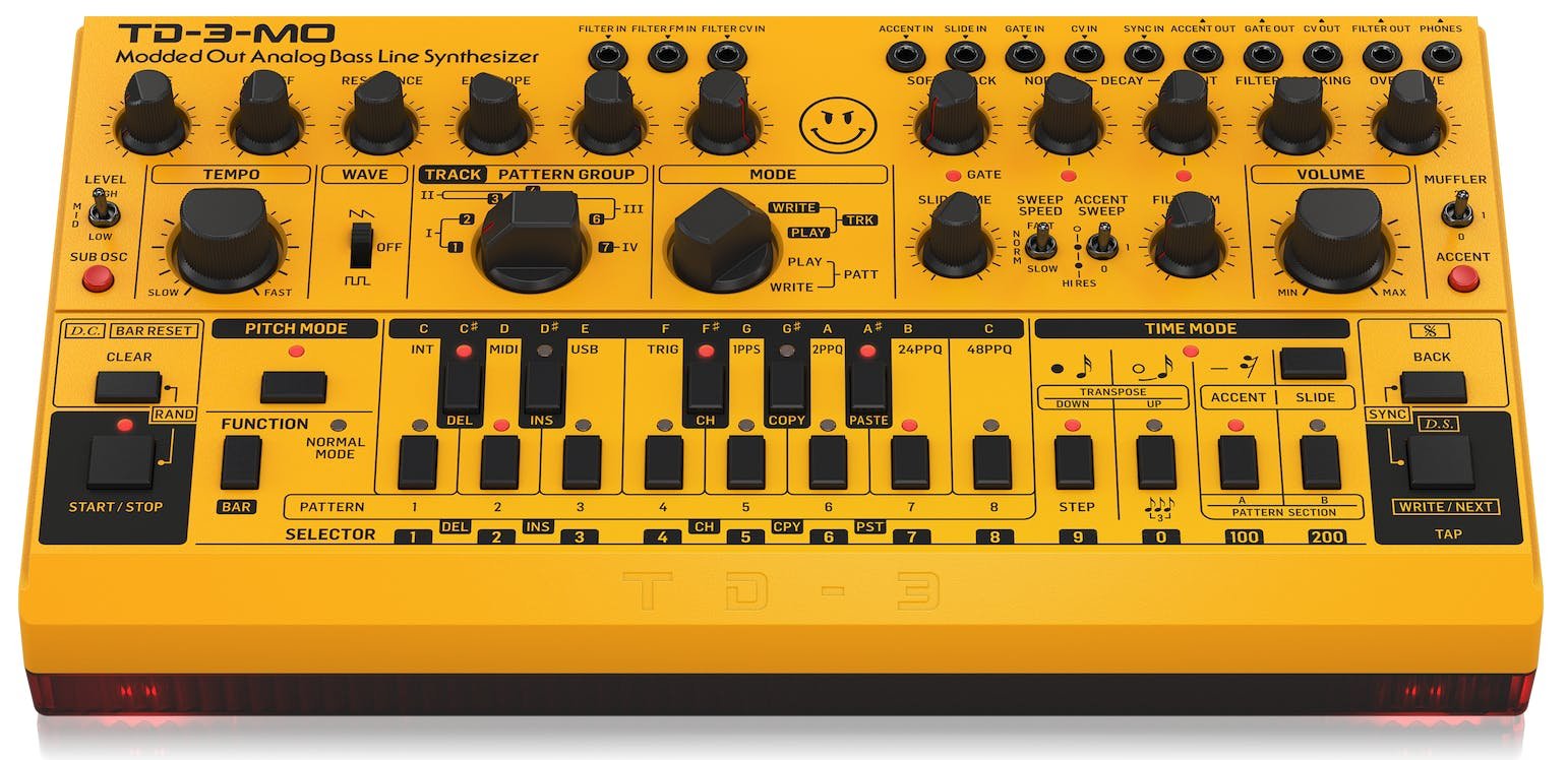 Behringer TD-3-MO-AM “Modded Out” Analog Bass Line Synthesizer in Yellow - 440855-Front 2 Yellow.jpg