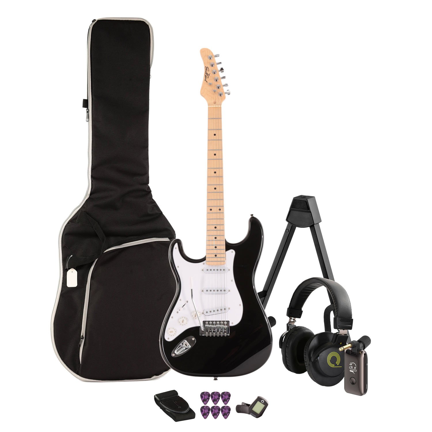 EastCoast ST1 Left Handed Black Electric Guitar Silent Starter Pack with Headphones and Headphone Amp - BUN-EC-ST1-LH-BLK-SI.jpg
