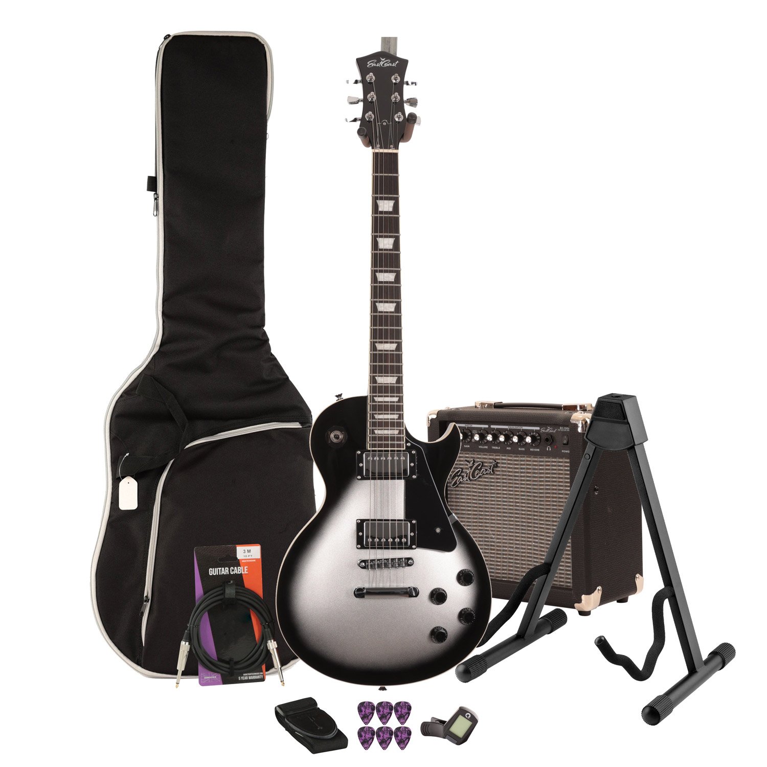 EastCoast L1 Electric Guitar Starter Pack in Silver Burst With 15W Amp & Accessories - BUN-EC-L1-SLV15.jpg