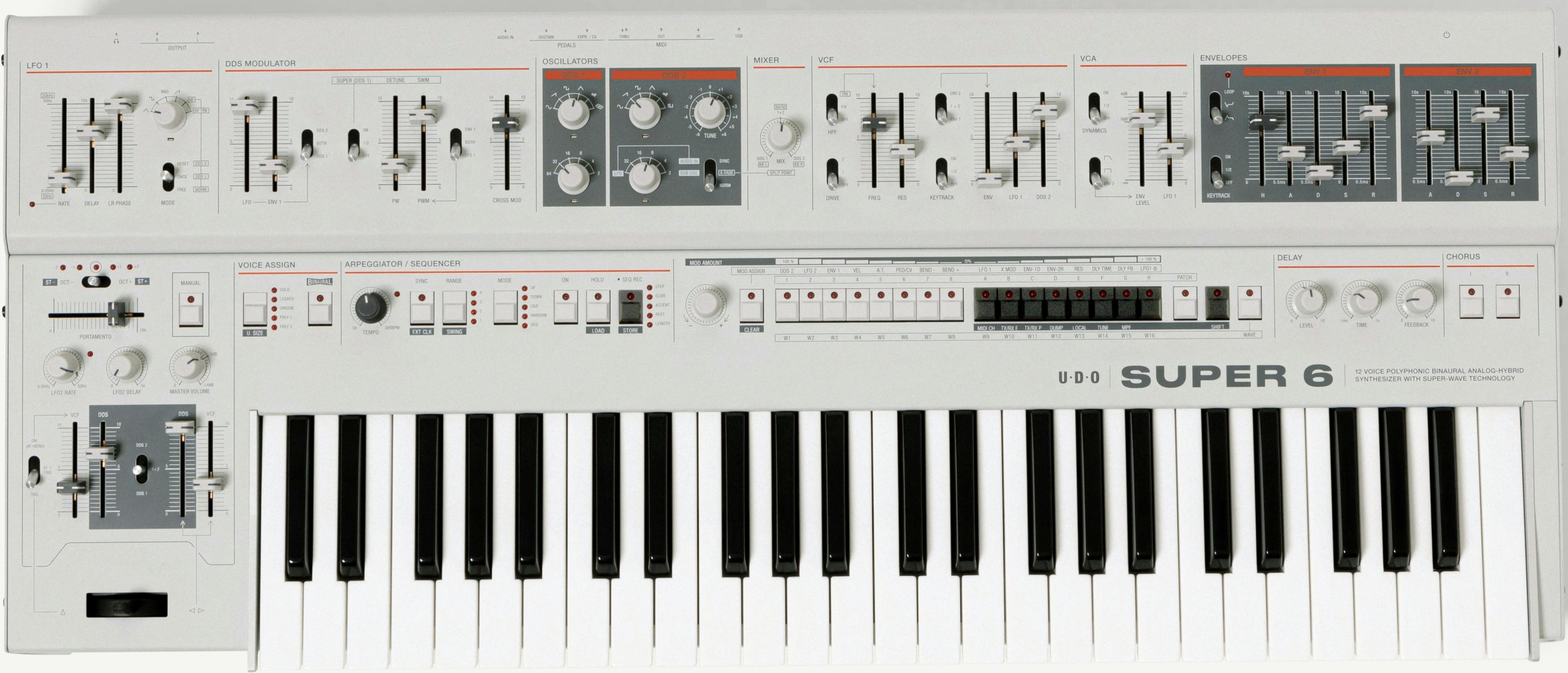 UDO Super 6 - 12 Voice Binaural Analogue Hybrid Synthesizer in Black - UDOSUPER6-WH-UDO_Super_6_Binaural_Analogue_Synth_Top.jpg