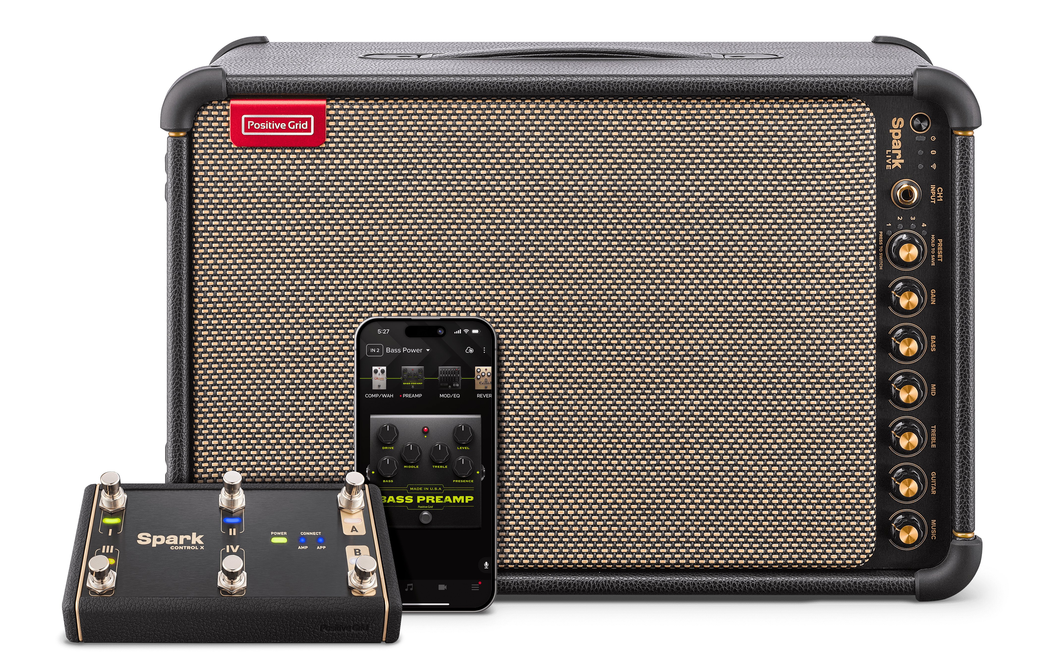 Positive Grid Spark 2 Practice Amp with Control-X Wireless Footswitch - SPARK-CON-X-spark-controlx-front3QFT-002%2Bspark-live-spark-liveblack-H-frontFT-001%2Biphone-shadow-min.jpg