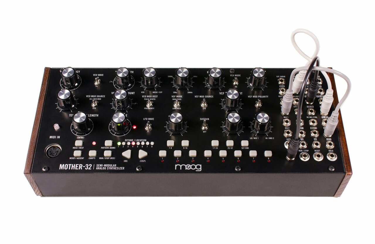 Moog Mother-32 Modular Synthesiser - 89725-Mother_32_Front_Angled_Patched_White.jpg