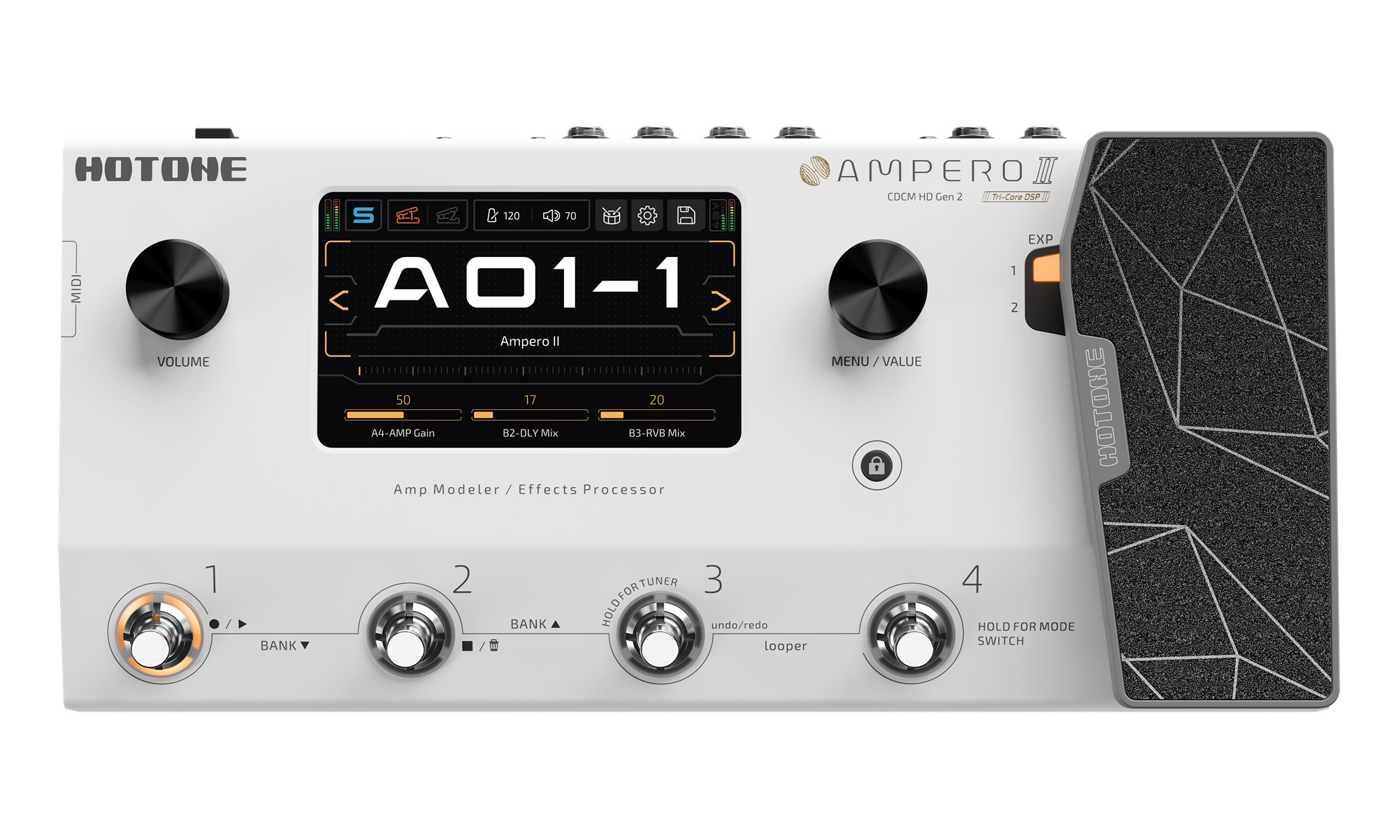 Hotone Ampero II Multi-FX & Amp Modelling Pedal - Ampero II_Front_With Screen_Hi_V01_240922.jpg