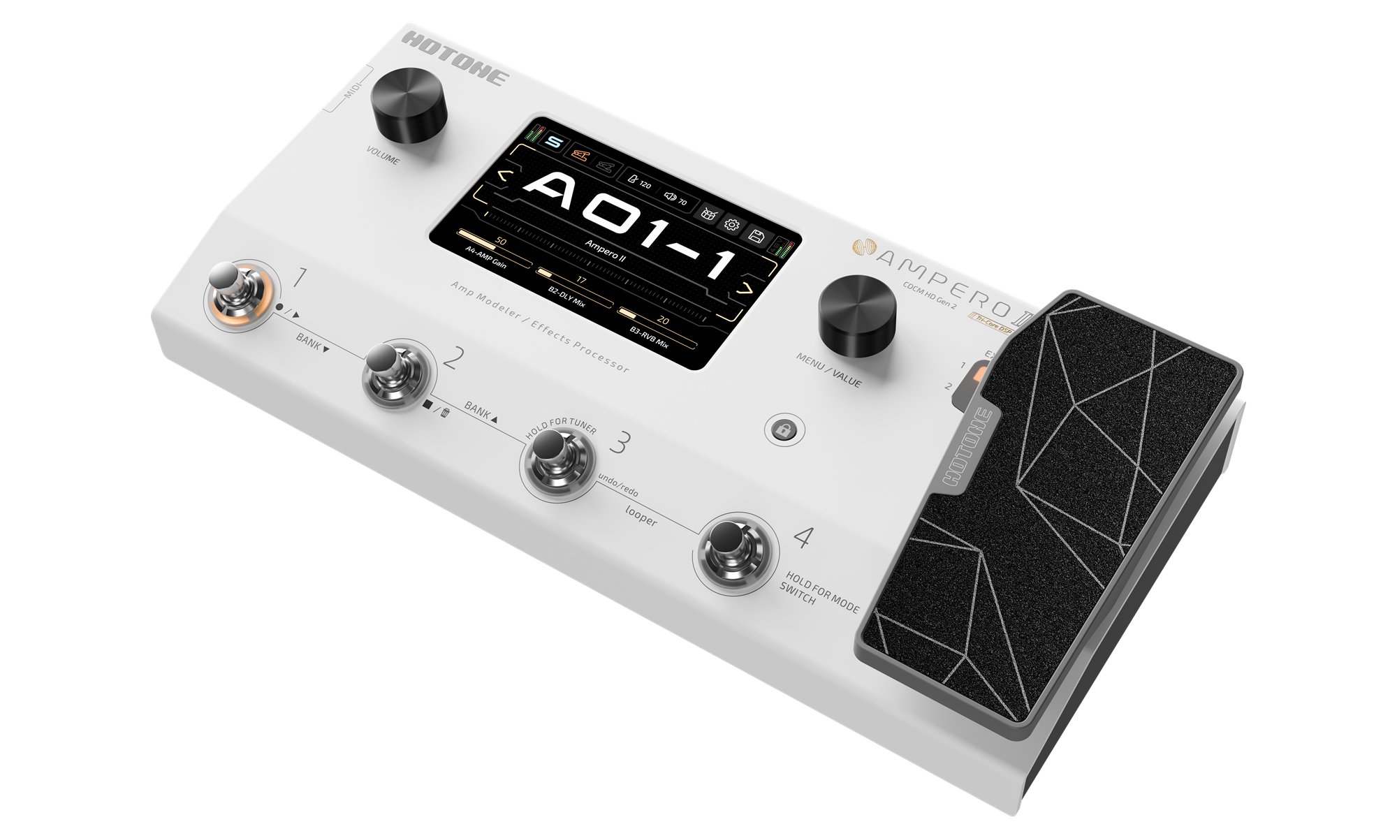 Hotone Ampero II Multi-FX & Amp Modelling Pedal - Ampero II_Perspective_Wit Screen_Hi_V01_240922.jpg