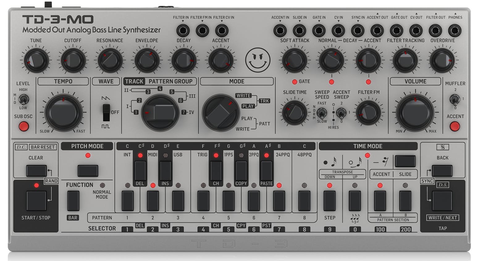 Behringer TD-3-MO-SR “Modded Out” Analog Bass Line Synthesizer in Silver - 440850-Front 2 Grey.jpg