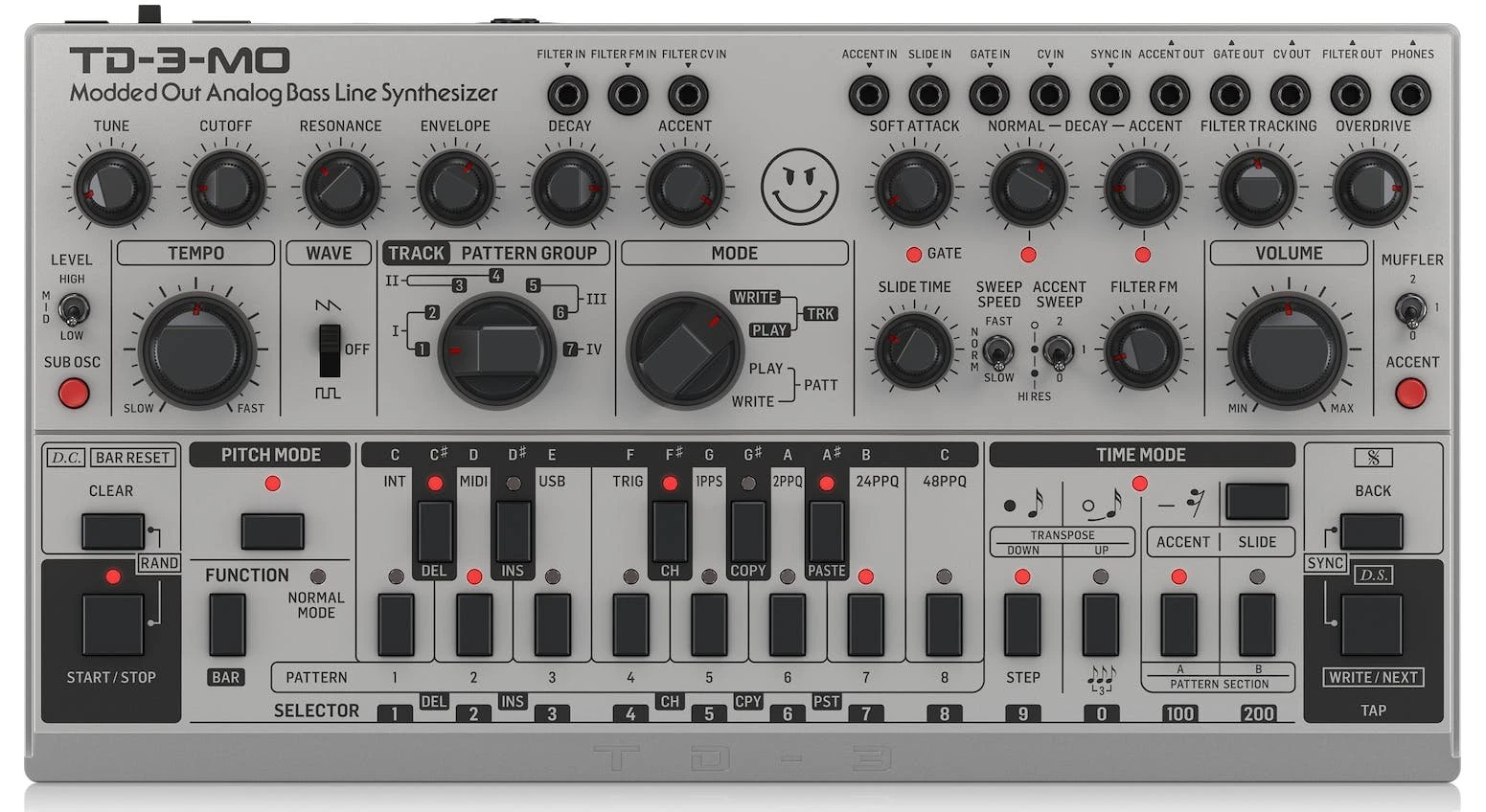 Behringer TD-3-MO-SR Modded Out Analogue Bass Line Synthesizer in Silver - 440850-Front 2 Grey.jpg