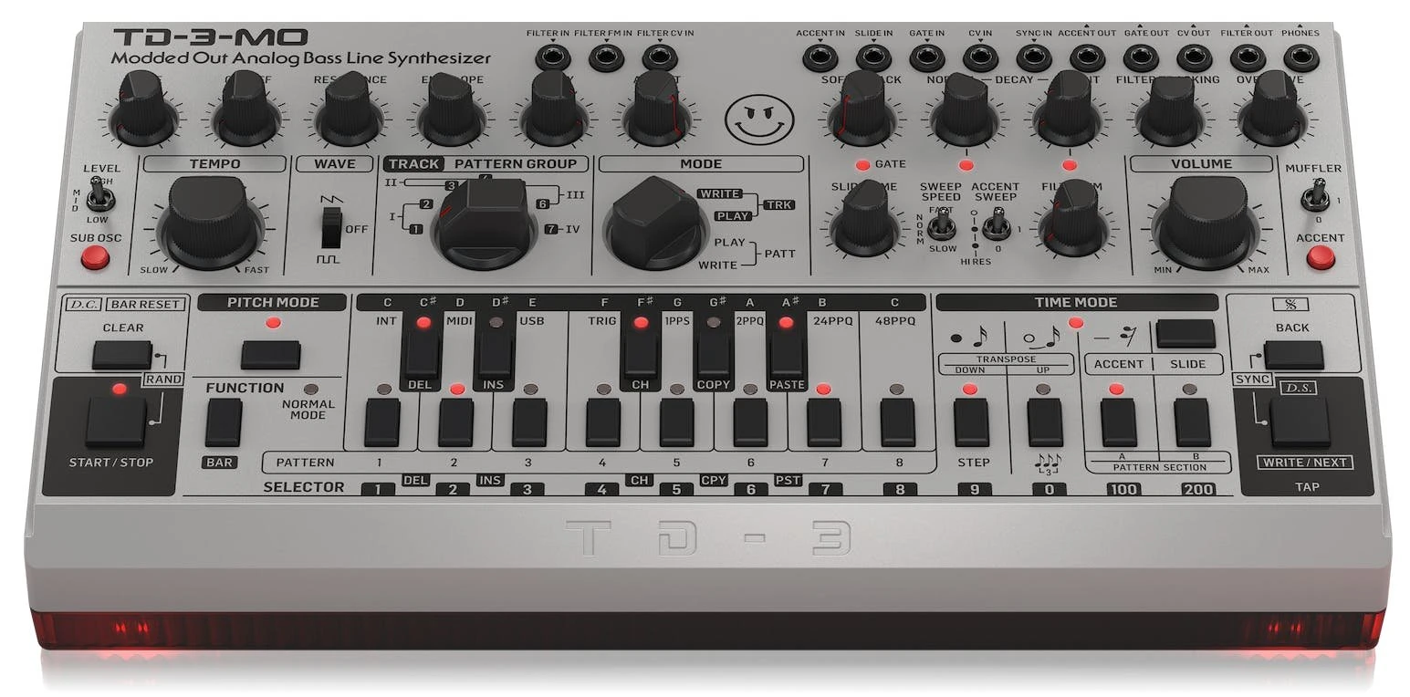 Behringer TD-3-MO-SR Modded Out Analogue Bass Line Synthesizer in Silver - 440851-Front 1 Grey.jpg