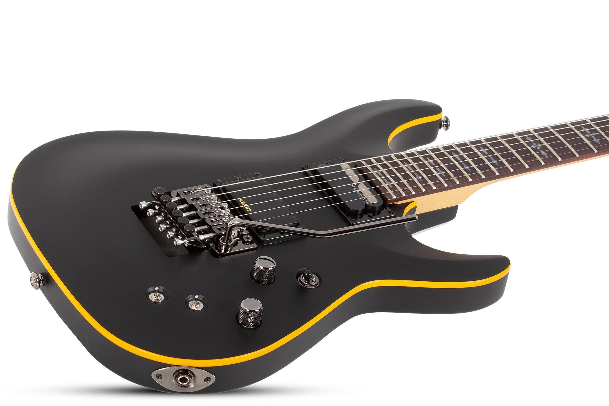 Schecter Demon 6 FR S Electric Guitar in Aged Black Satin with Floyd Rose - DEMON FR-S AGED BLACK SATIN  3669 MF TILT copy.jpg
