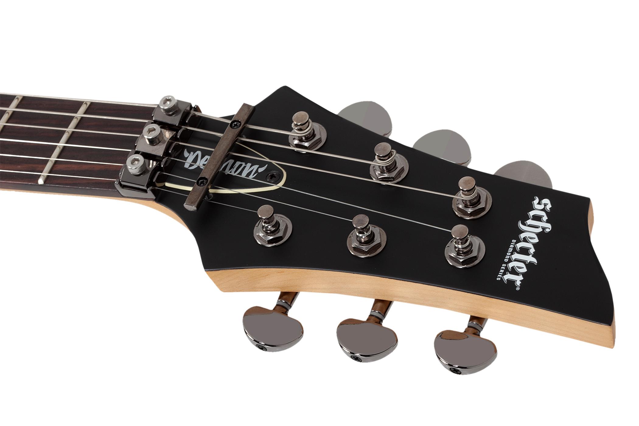 Schecter Demon 6 FR S Electric Guitar in Aged Black Satin with Floyd Rose - DEMON FR-S AGED BLACK SATIN  3669 HEADSTOCK copy.jpg