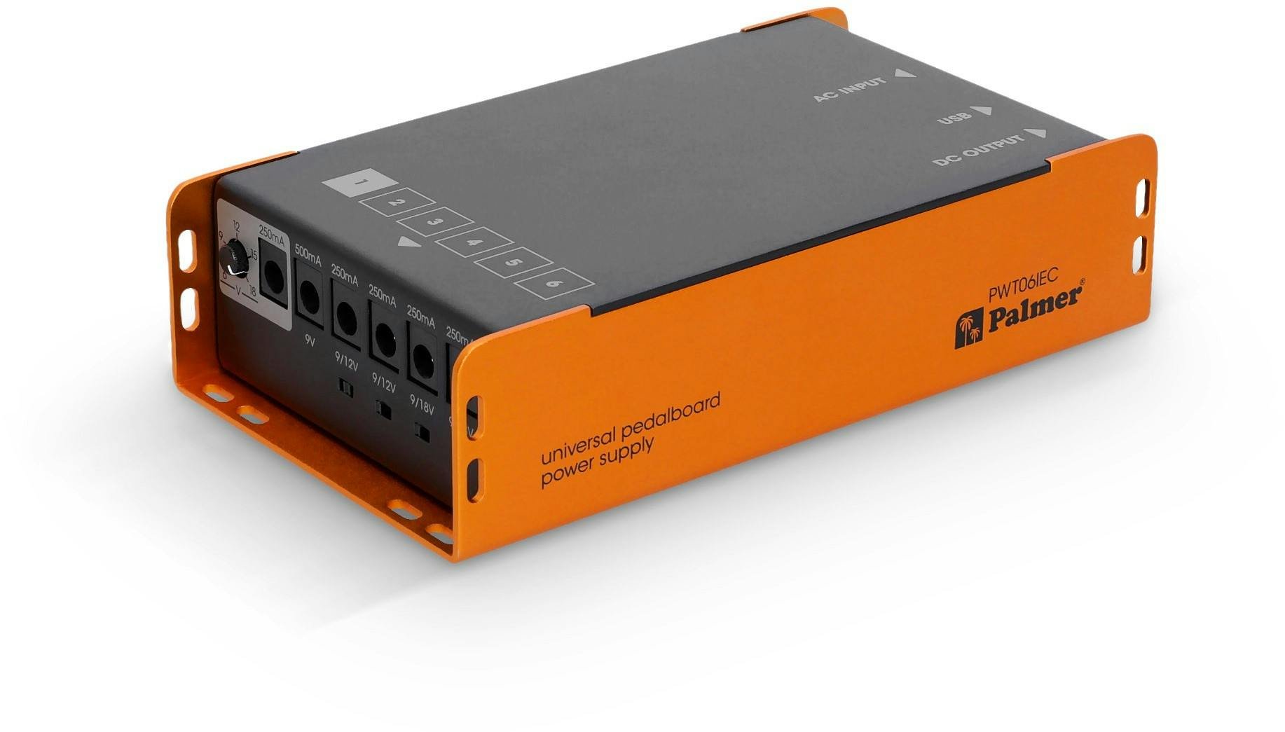 Palmer 6 Output Universal-Pedalboard Power Supply with USB - WT06IEC-Palmer_06_Output_Universal-Pedalboard_Power_Supply_Front_tilt.jpg