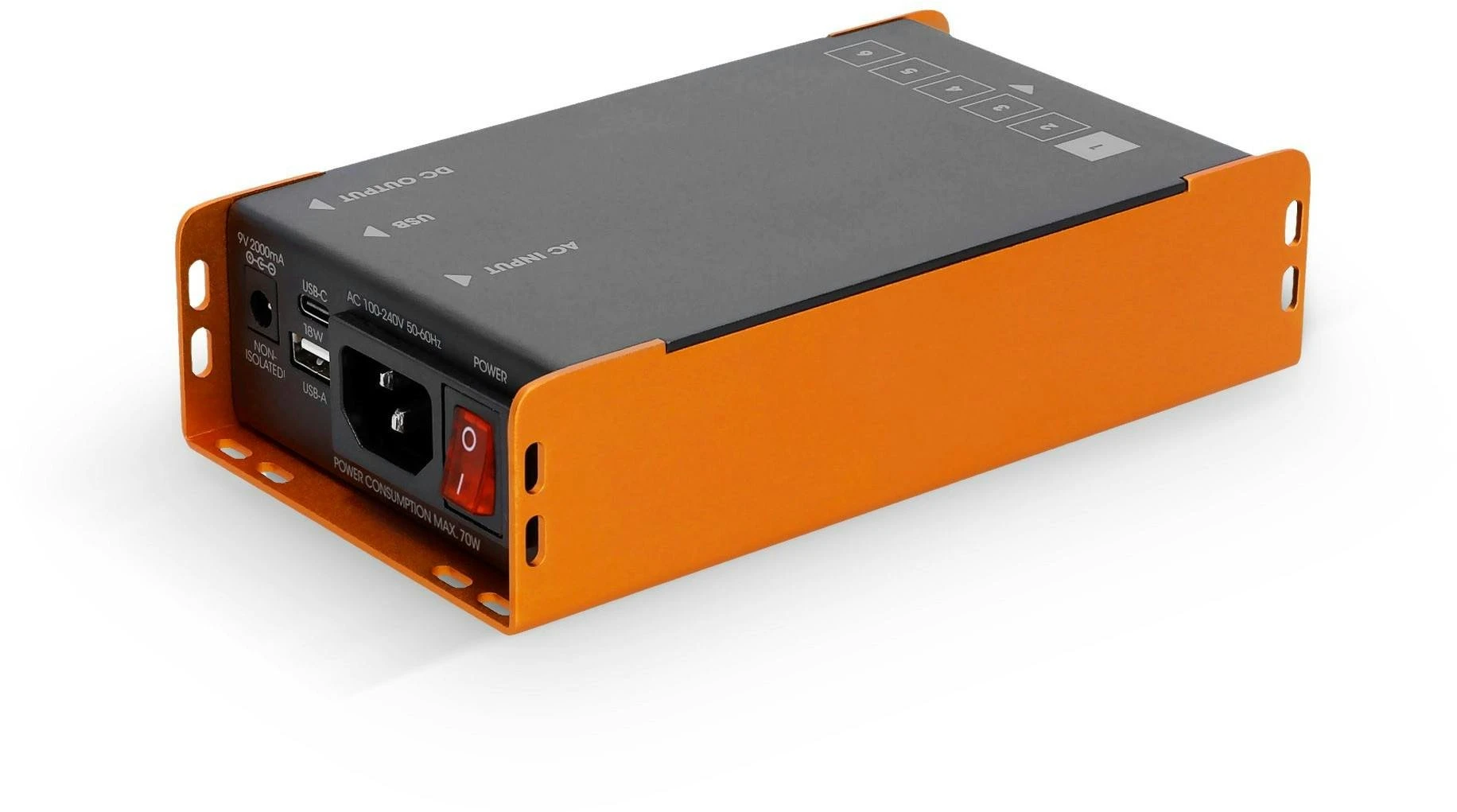 Palmer 6 Output Universal-Pedalboard Power Supply with USB - WT06IEC-Palmer_06_Output_Universal-Pedalboard_Power_Supply_Rear_Tilt.jpg