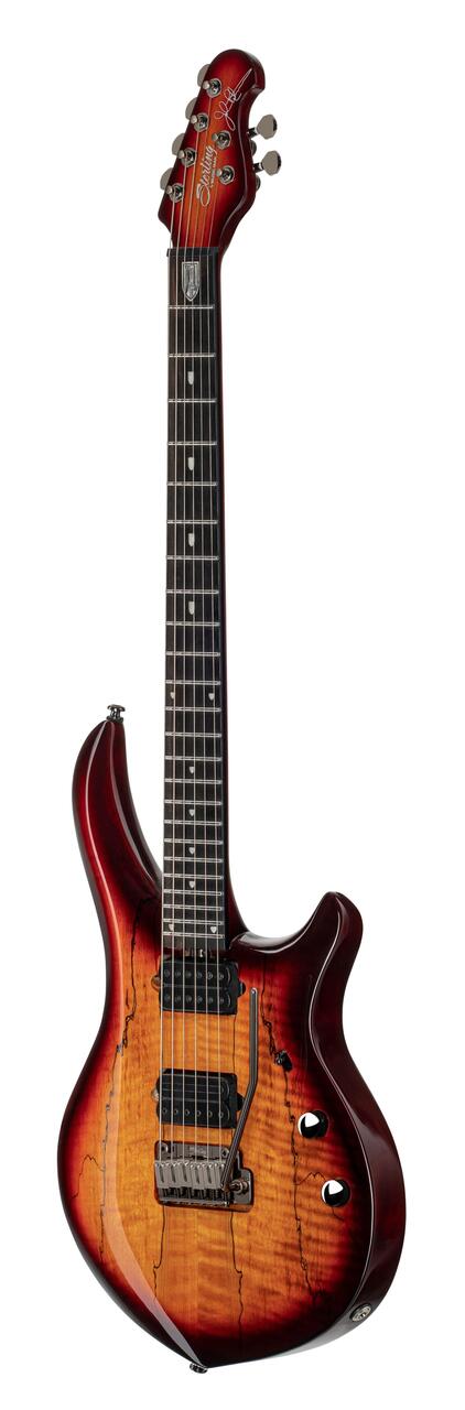 Sterling by Music Man Majesty MAJ200X Electric Guitar in Spalted Maple Blood Orange Burst  - MAJ200XSM-BOB-ANGLED-RIGHT_compressed.jpg