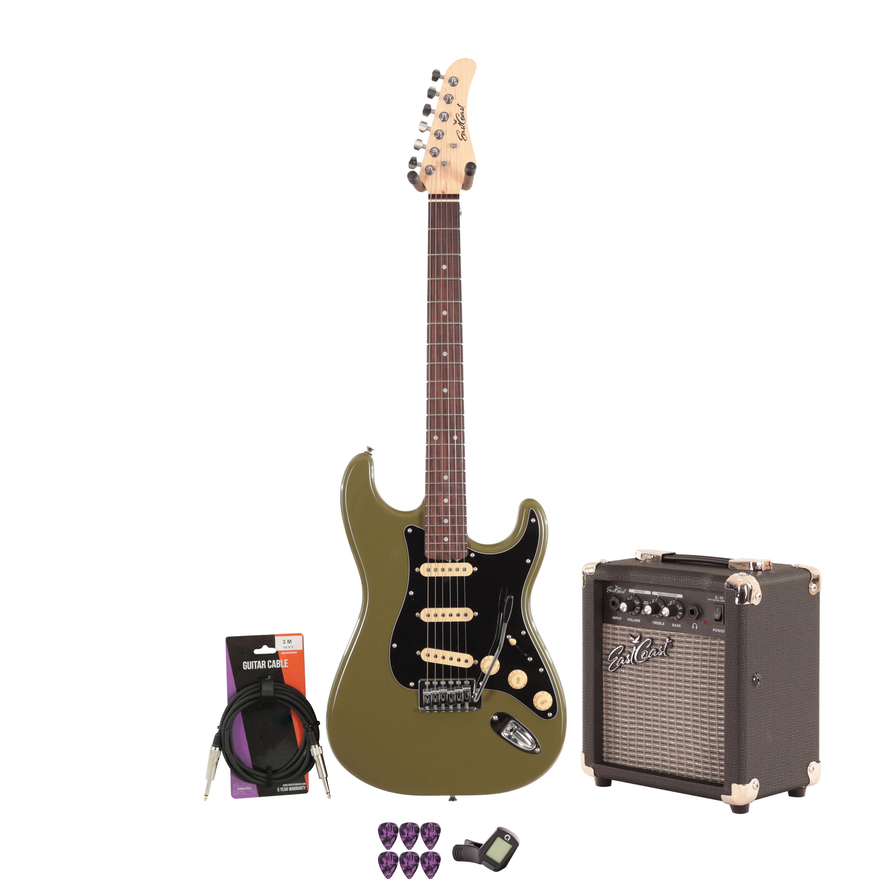 EastCoast ST1 Electric Guitar Starter Pack in Drab Olive Green with 10w Amp & Accessories - _BUN-EC-ST1-OLV-10.jpg