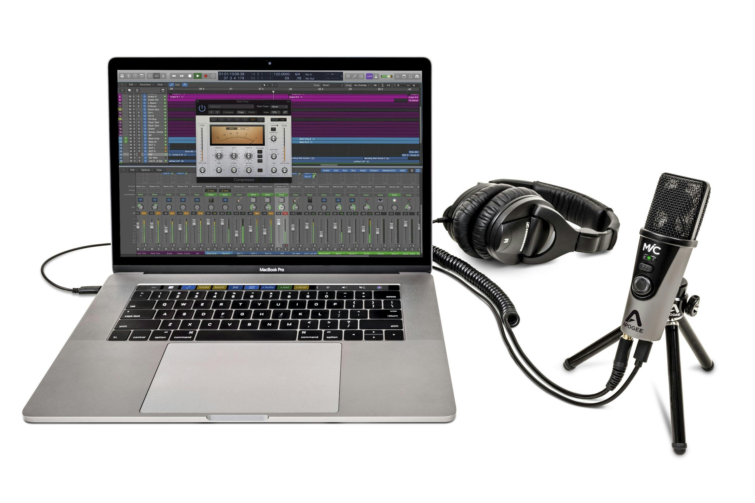 Apogee MiC Plus - USB microphone for iPad, iPhone, Mac and PC - 252332-Apogee-MiC-Plus-3-Quarters-Facing-Left-MacBookPro-Headphones-Tripod.jpg