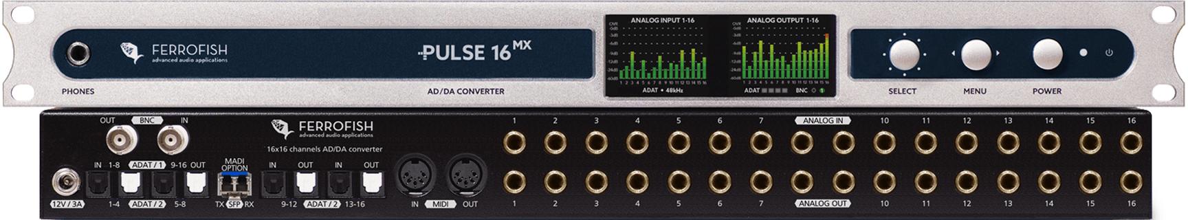 Ferrofish Pulse 16 MX Rackmount 16-Channel AD/DA, MADI and ADAT Converter Pulse - Ferrofish-Pulse-16-MX-front-back-transparent.jpg