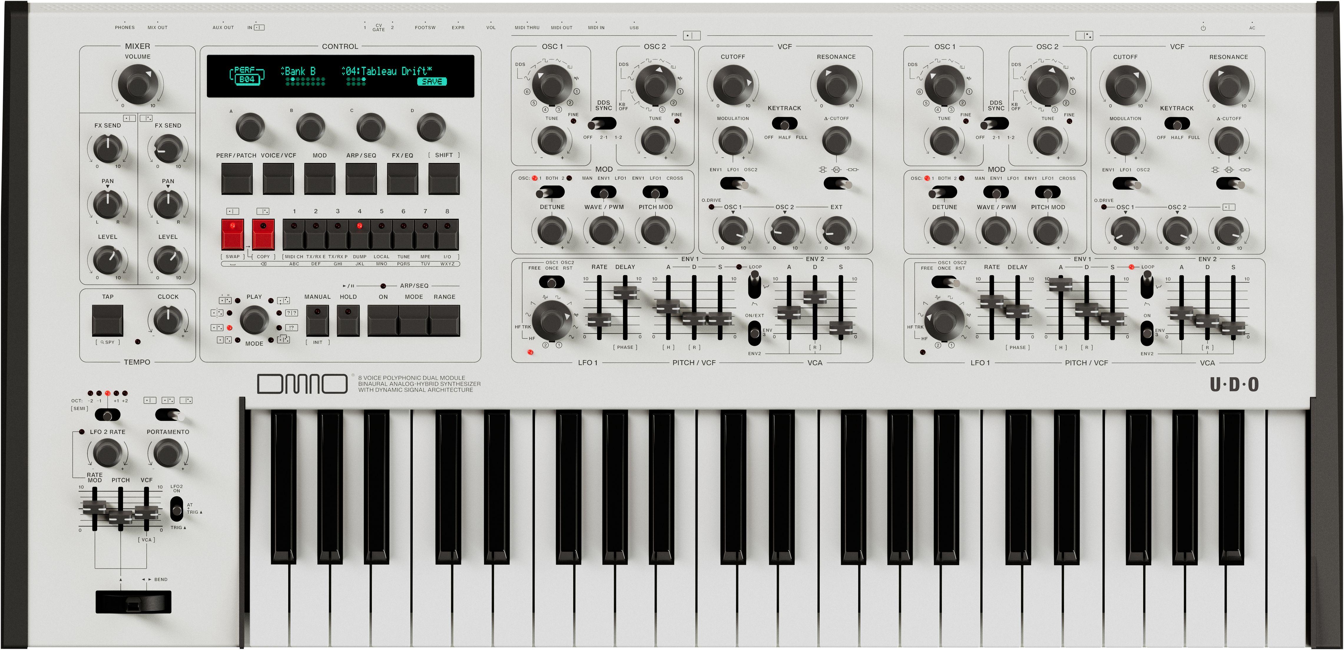 UDO DMNO 8-Voice Hybrid Synthesizer in White - 1_DMNO_Top_White_Cutout_compressed.jpg