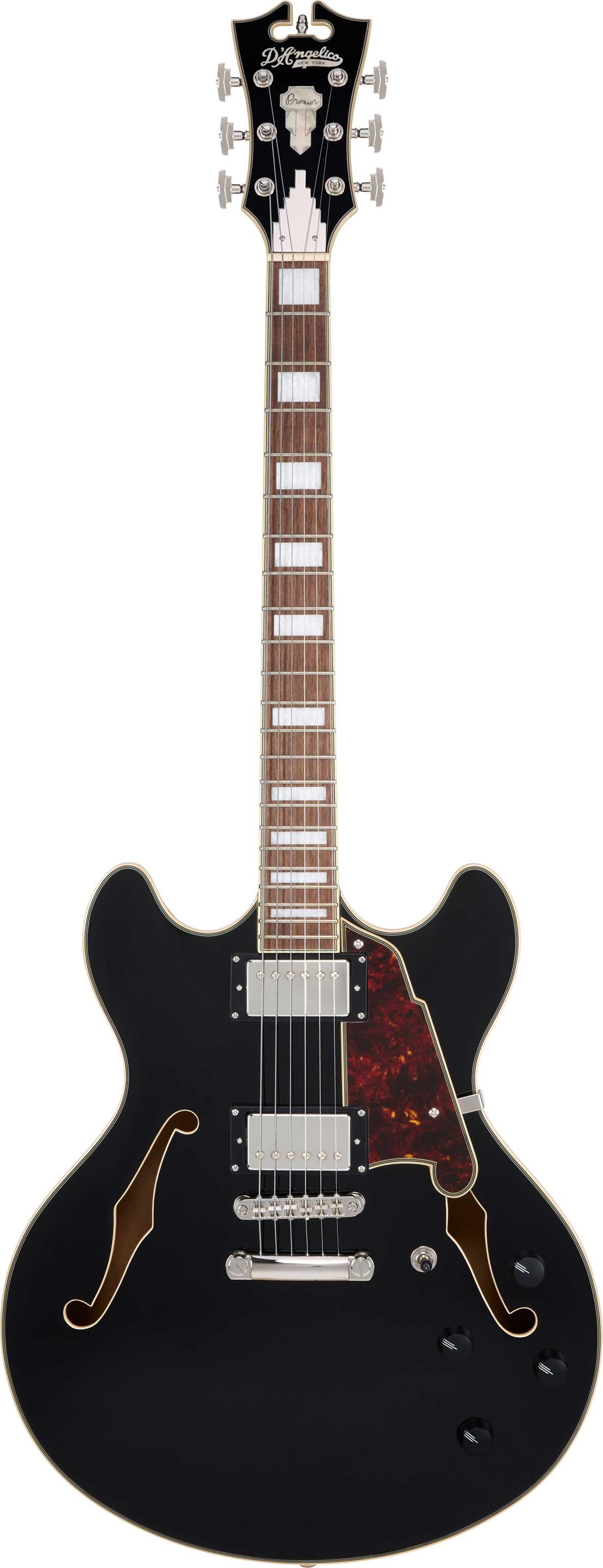D’Angelico Premier DC Semi-Hollow Electric Guitar in Solid Black - DAPDCSBKNS-Front.jpg