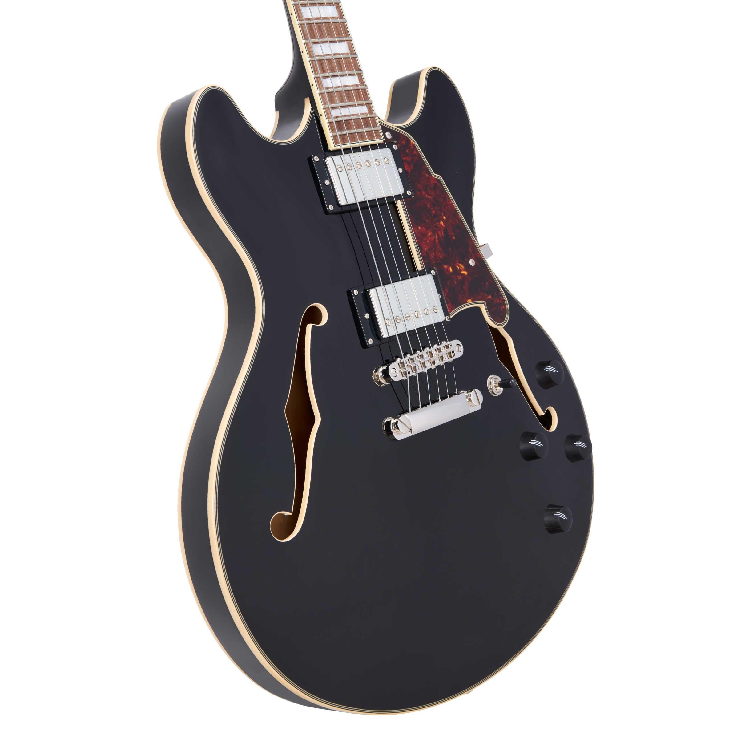 D’Angelico Premier DC Semi-Hollow Electric Guitar in Solid Black - DAPDCSBKNS-Angle.jpg