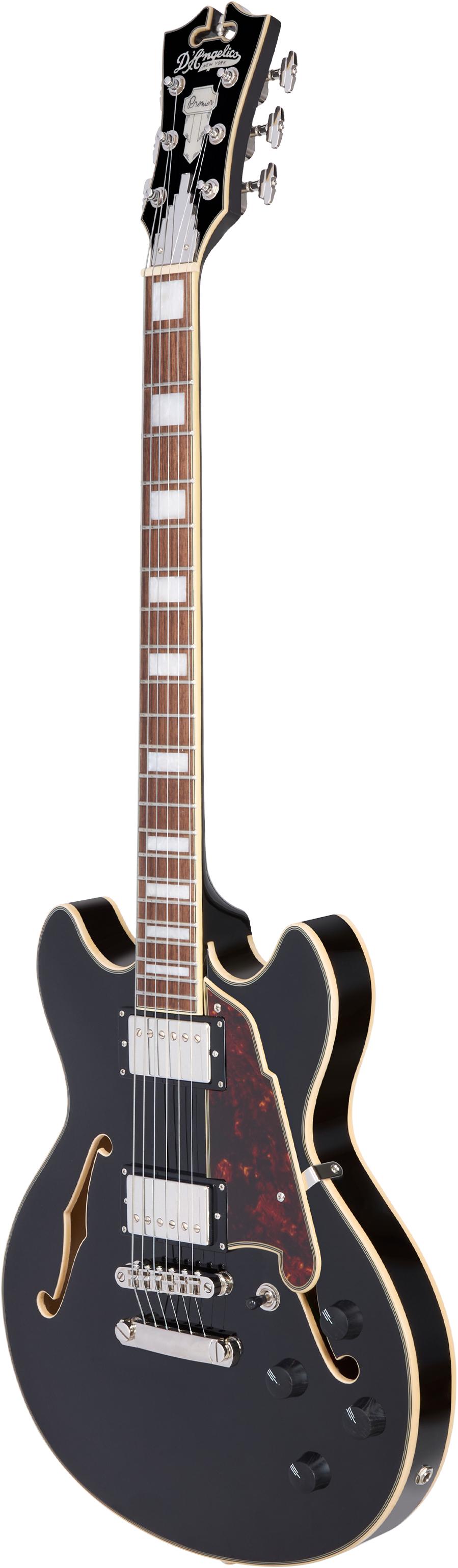 D’Angelico Premier Mini DC Semi-Hollow Electric Guitar in Solid Black - DAPMDCSBKNS-Full-Angle.jpg