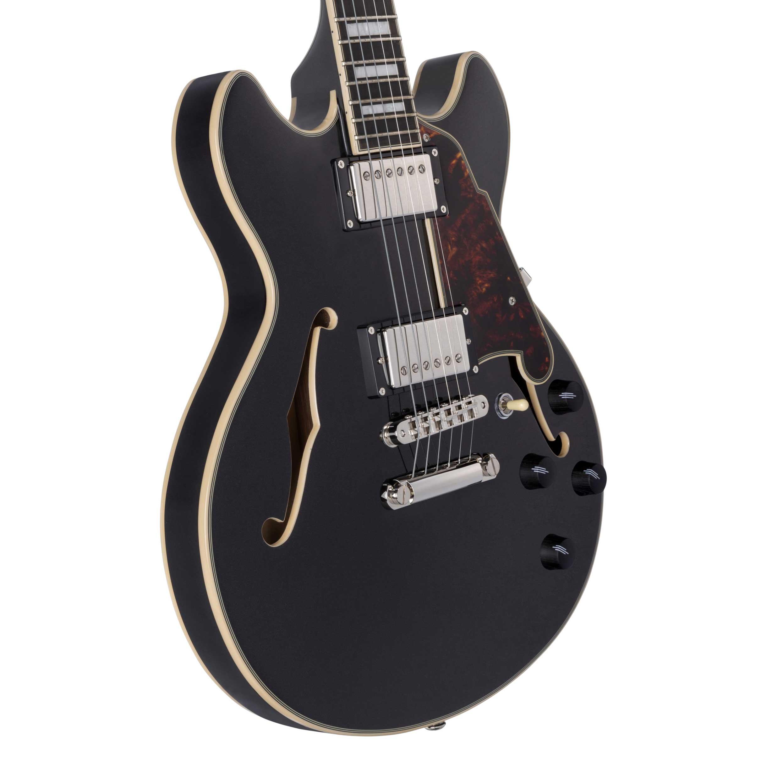D’Angelico Premier Mini DC Semi-Hollow Electric Guitar in Solid Black - DAPMDCSBKNS-Angle.jpg