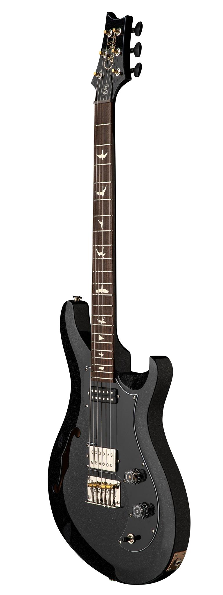 PRS S2 Vela Semi-Hollow Electric Guitar in Black Rainbow Holoflake - 112826BH-Angle.jpg