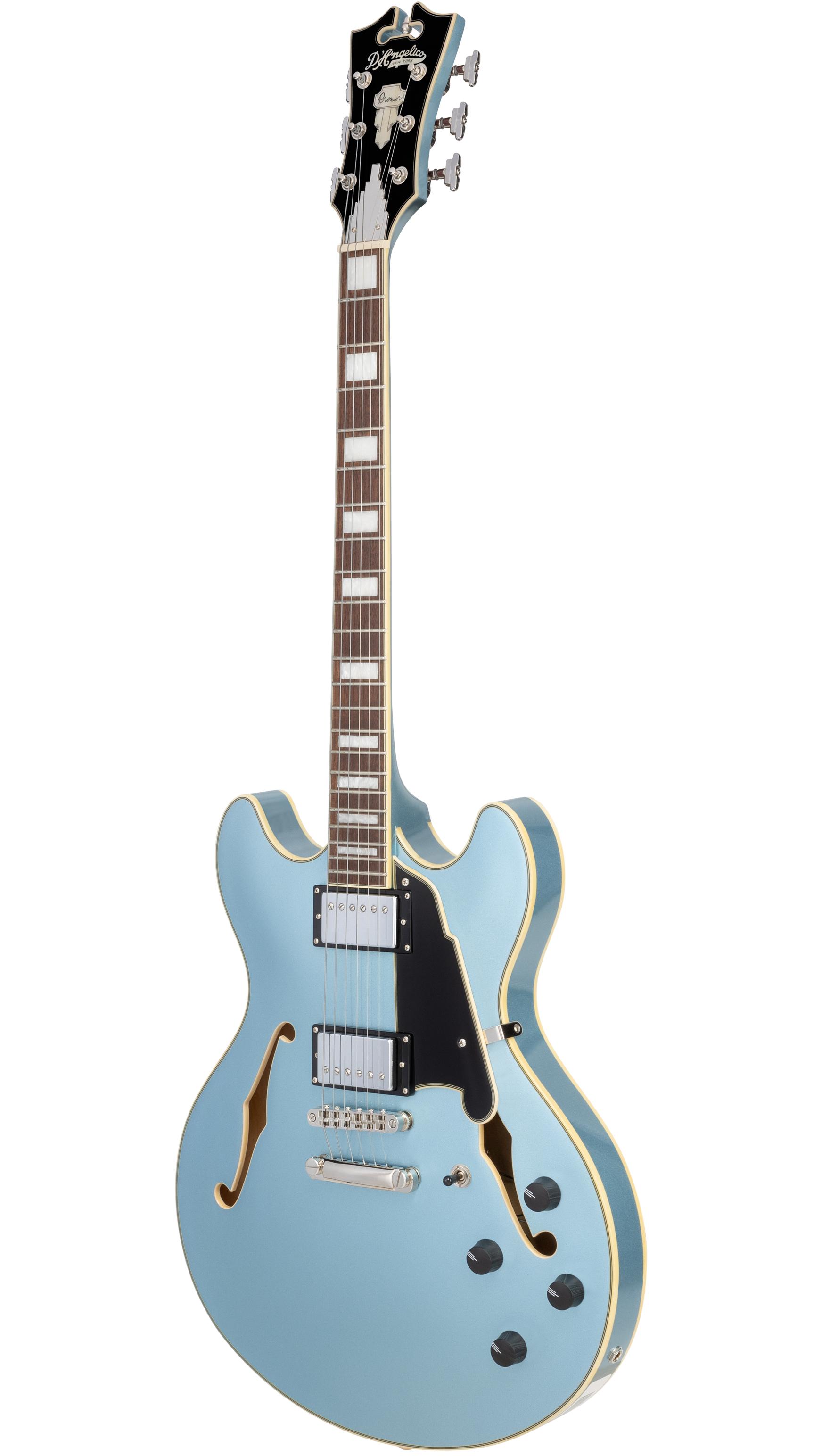 D’Angelico Premier DC Semi-Hollow Electric Guitar in Steel Blue - DAPDCSTBNS-Angle.jpg