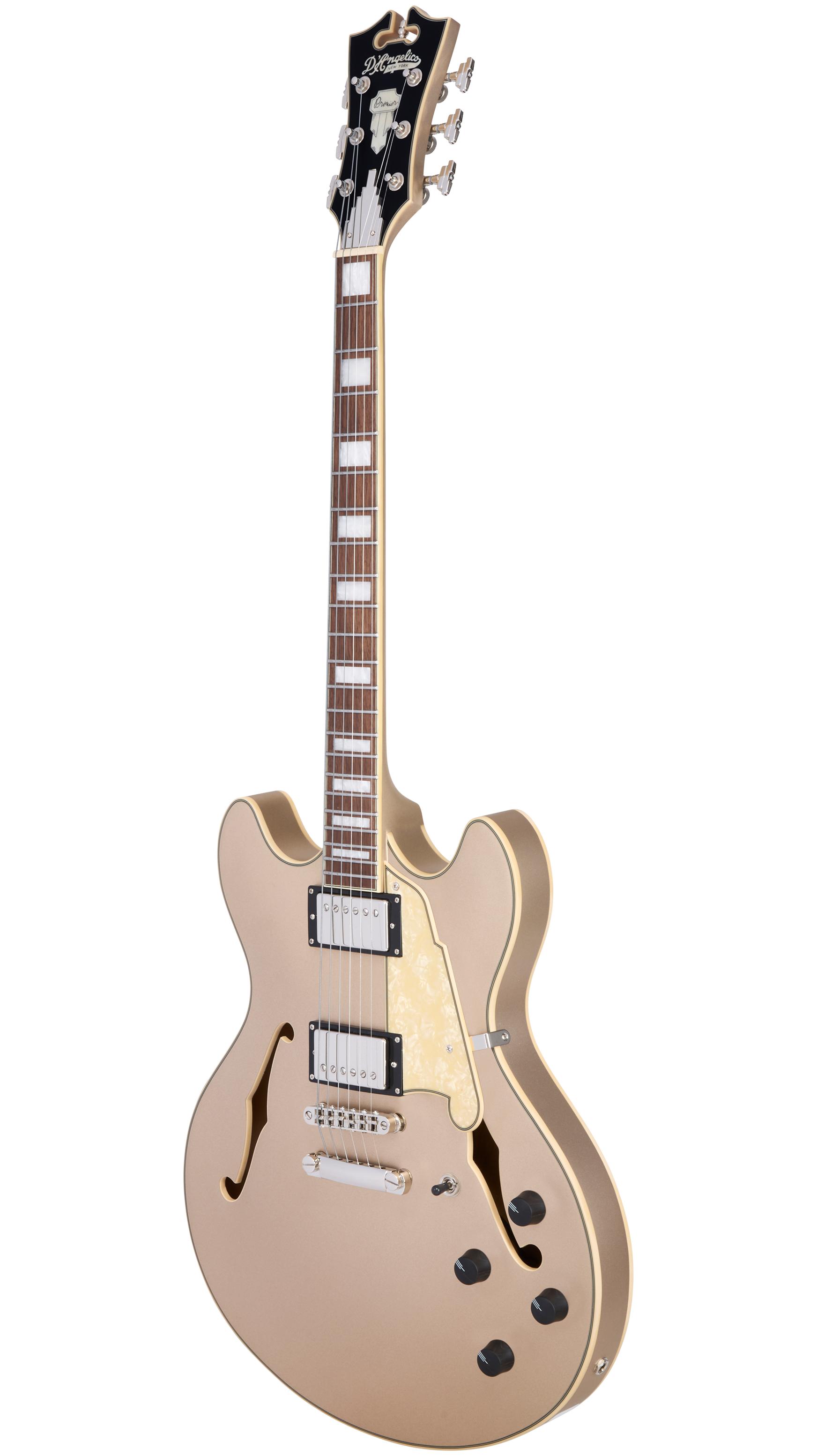 D’Angelico Premier DC XT Semi-Hollow Electric Guitar in Satin Gold - DAPDCXTDGDNS-Angle.jpg