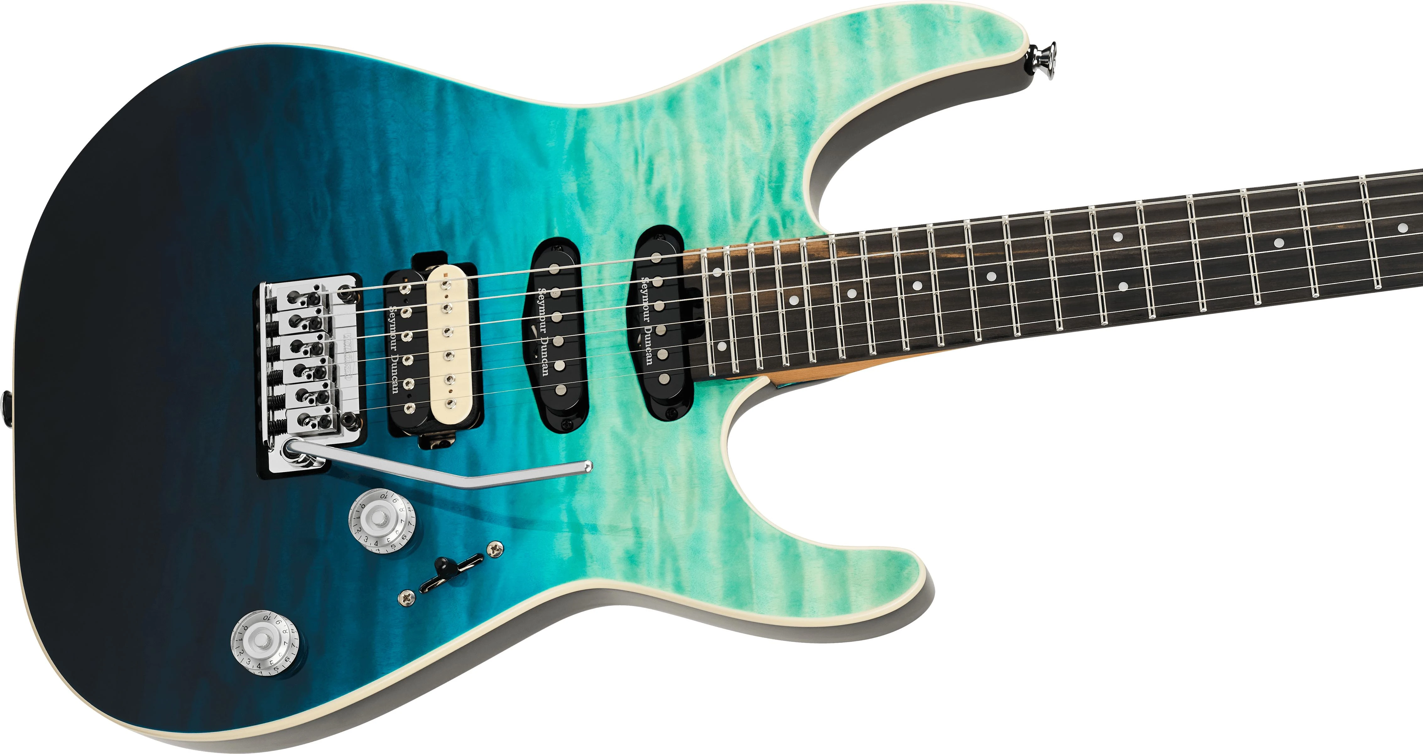 Charvel Pro-Mod Plus Dinky DK24 HSS 2PT EB QM Electric Guitar in Blue Curacao - 2972813546-Body-Angle.jpg