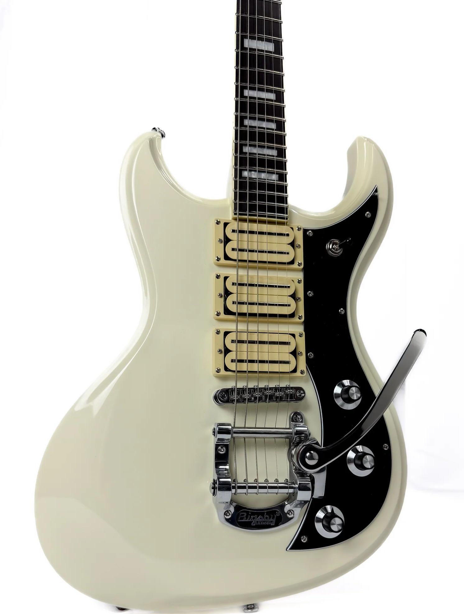 Dunable Gnarwhal DE Baritone Electric Guitar with Bigsby in Vintage White - GNB-VW-Left-Angle.jpg