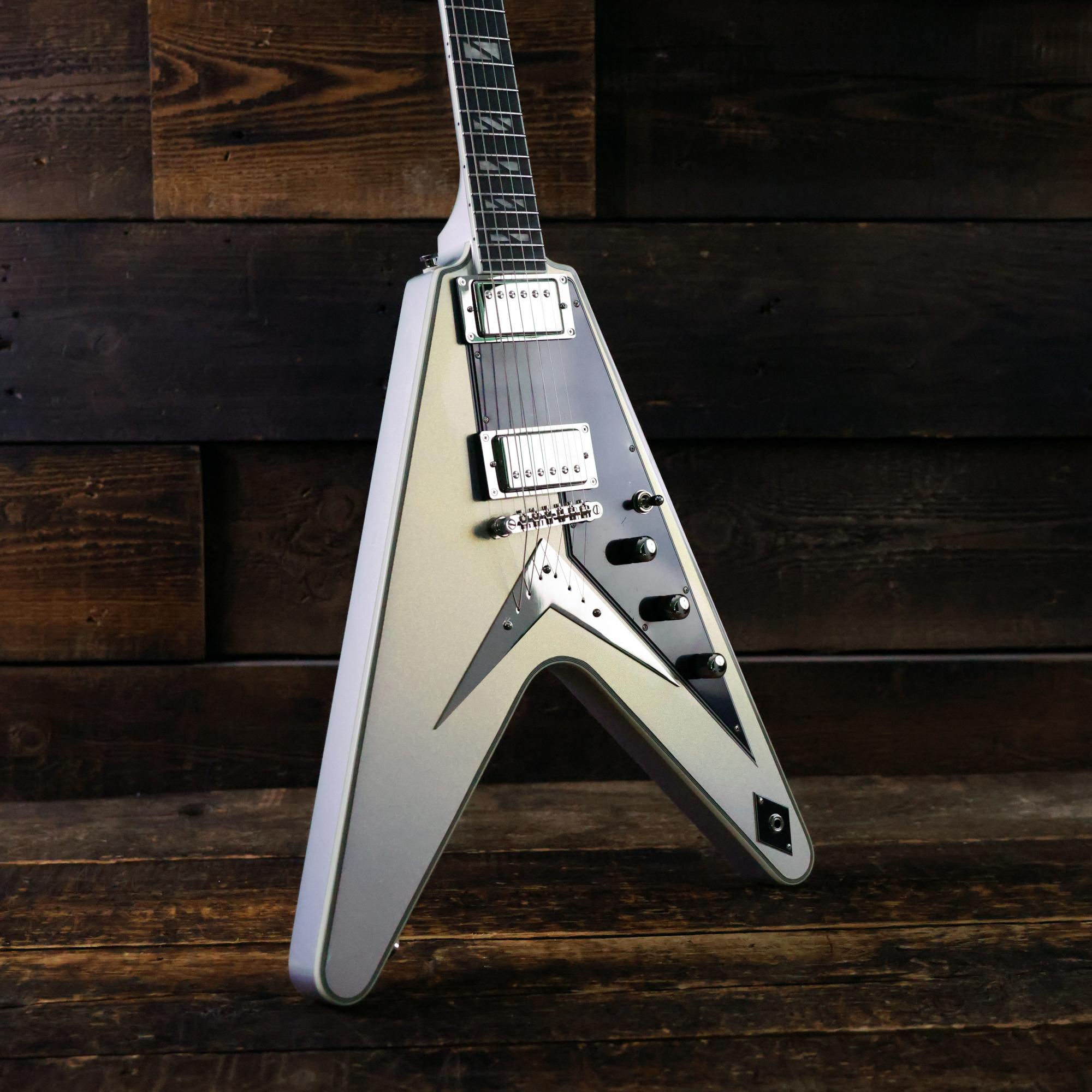 Epiphone Futura Flying V Custom Electric Guitar in Quicksilver Shift - EIFFVCQSSNH-Beauty-Left.jpg