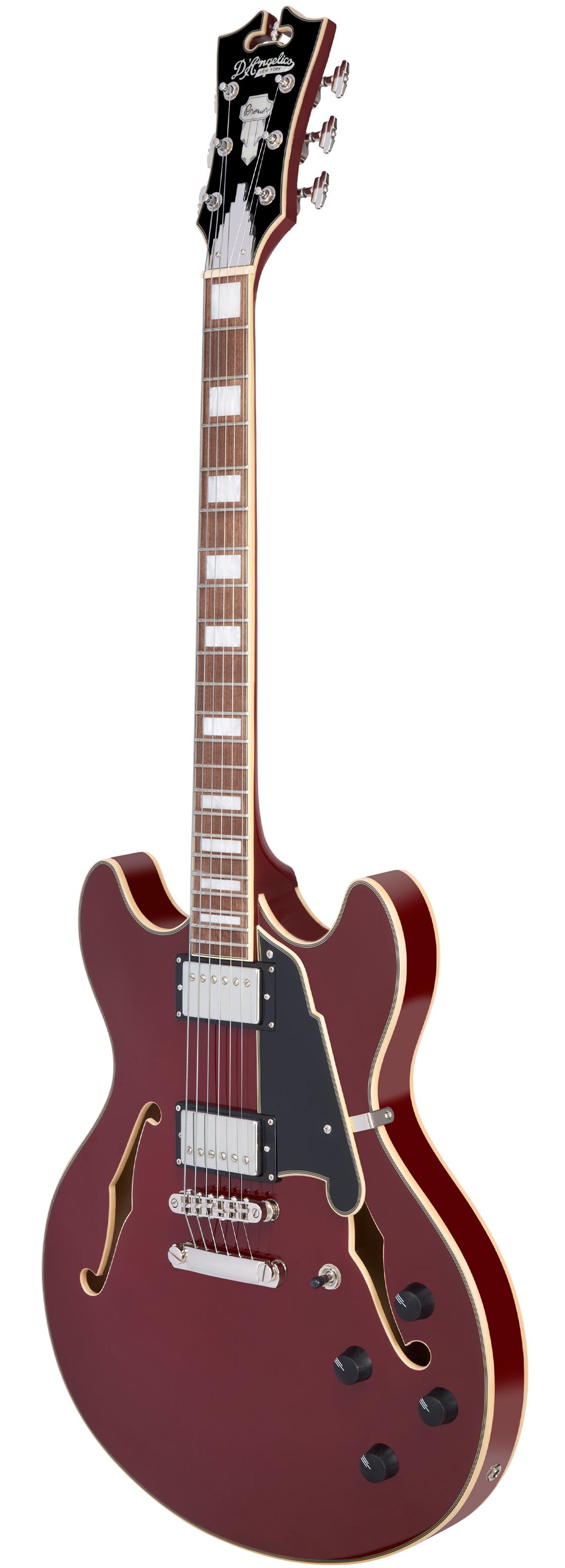 D’Angelico Premier DC Semi-Hollow Electric Guitar in Burnt Red - DAPDCBRDNS-Angle.jpg