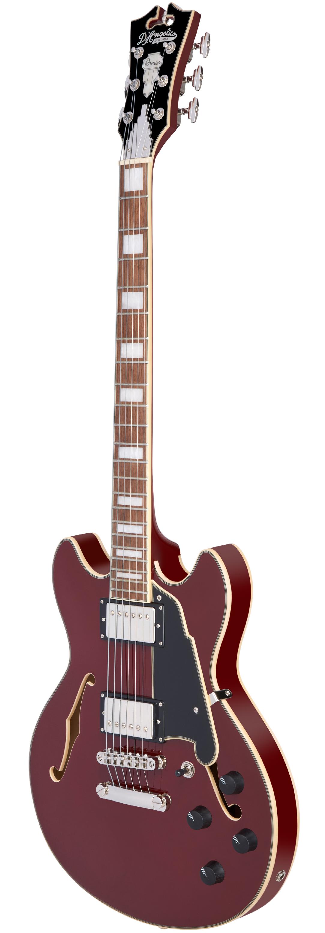 D’Angelico Premier Mini DC Semi-Hollow Electric Guitar in Burnt Red - DAPMDCBRDNS-Angle.jpg