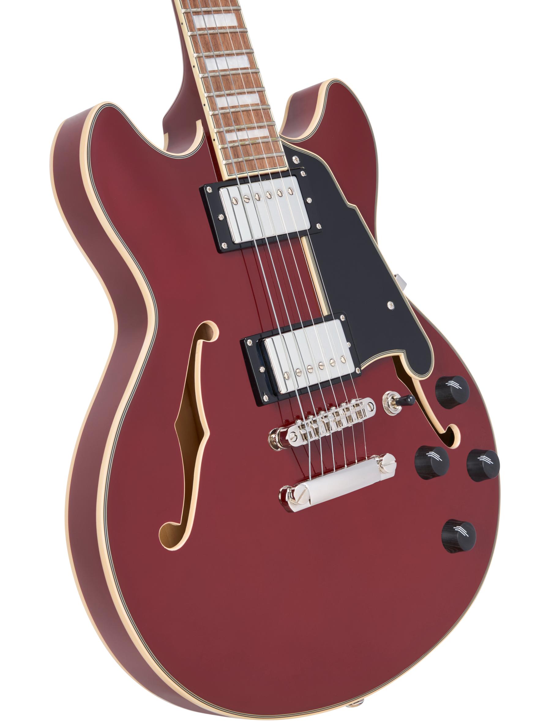 D’Angelico Premier Mini DC Semi-Hollow Electric Guitar in Burnt Red - DAPMDCBRDNS-Body-Angle.jpg
