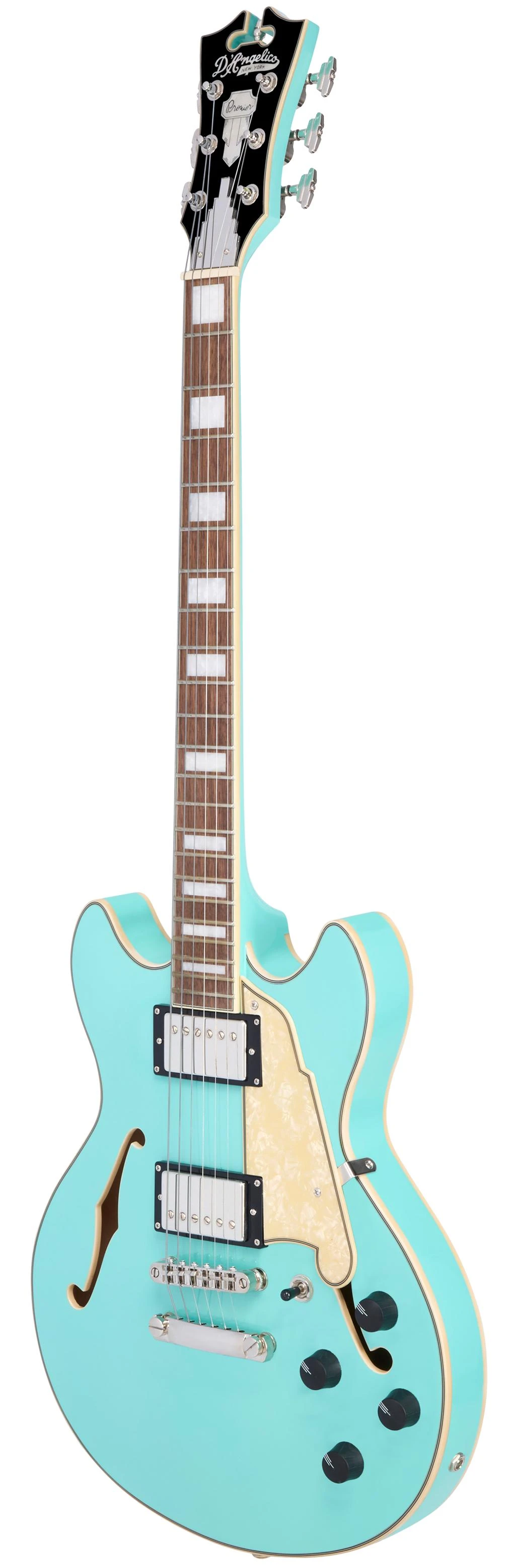 D’Angelico Premier Mini DC Semi-Hollow Electric Guitar in Surf Green - DAPMDCSGRNS-Angle.jpg