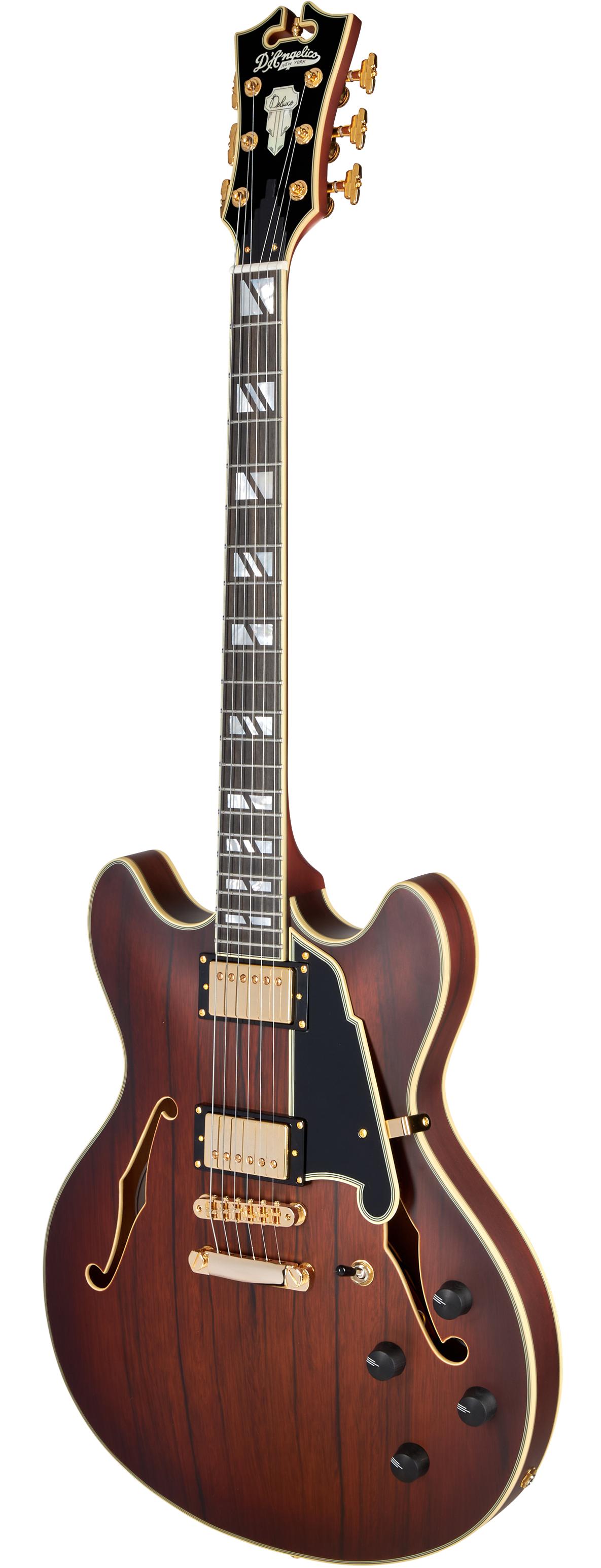 D’Angelico Deluxe DC Semi-Hollow Electric Guitar in Satin Brown Burst - DADDCSBBGS-Angle.jpg