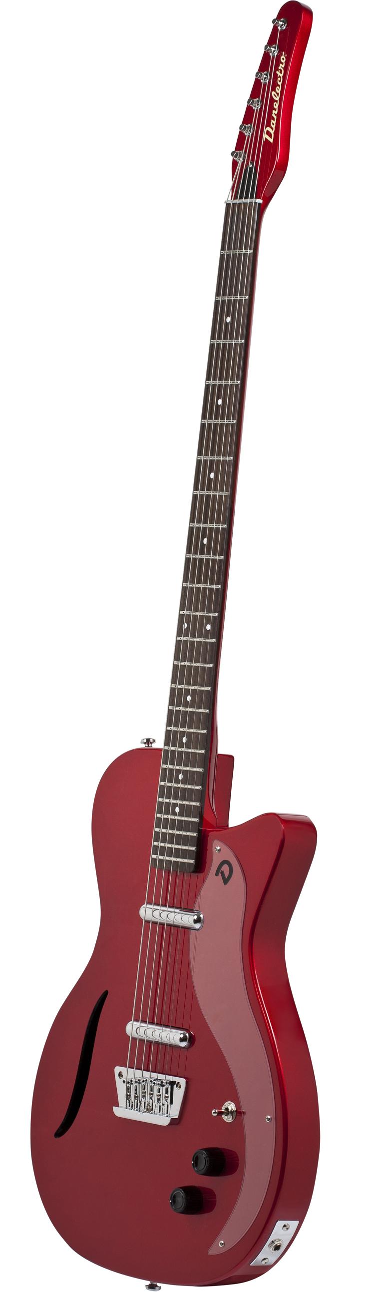 Danelectro Vintage Baritone Electric Guitar in Red Metallic - VBARREDM-Angle.jpg