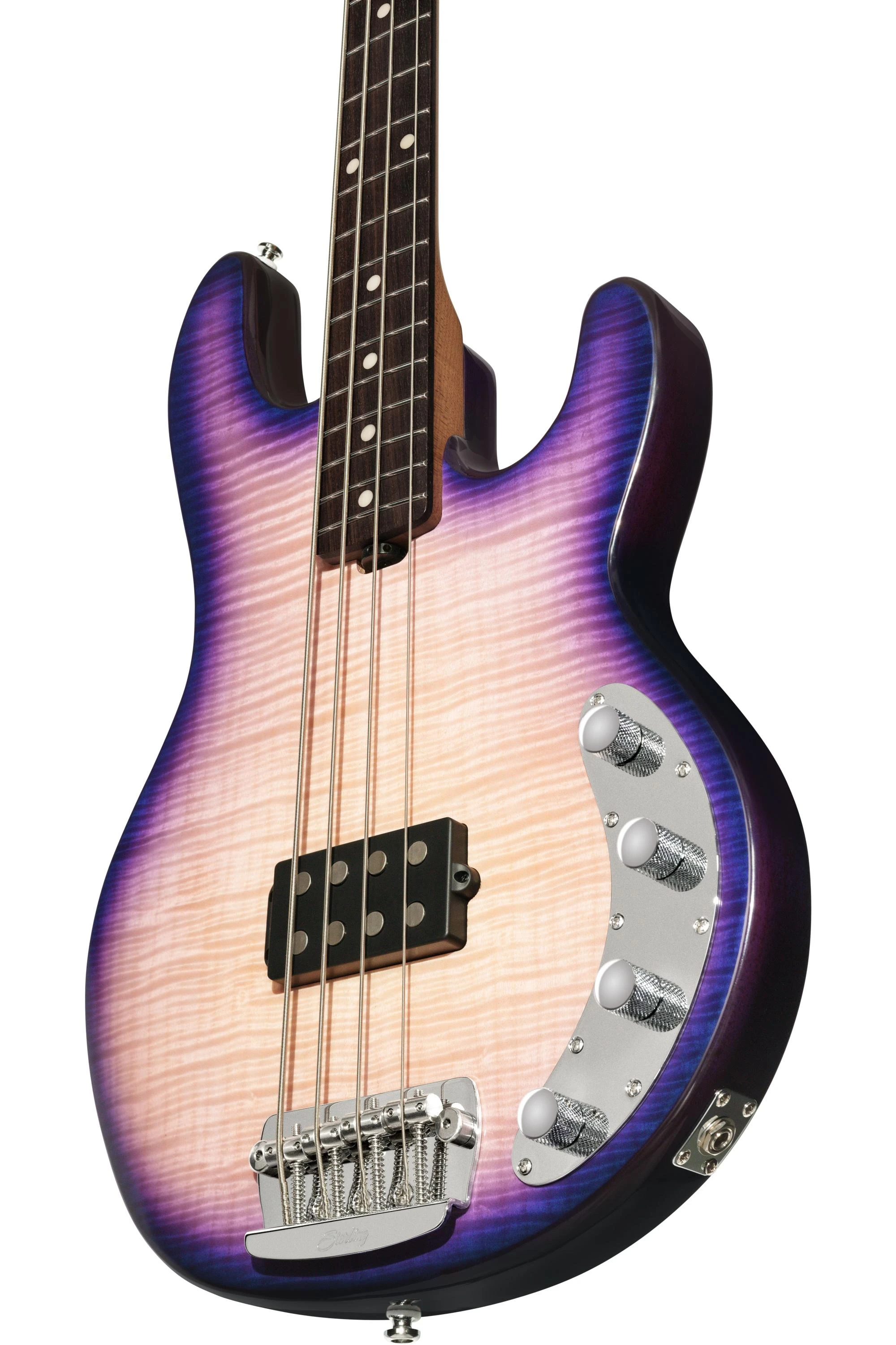 Sterling by Music Man StingRay RAY34 Flame Bass Guitar in Purple Sunset - STRAY34FMPPSR2C-Body-Angle.jpg