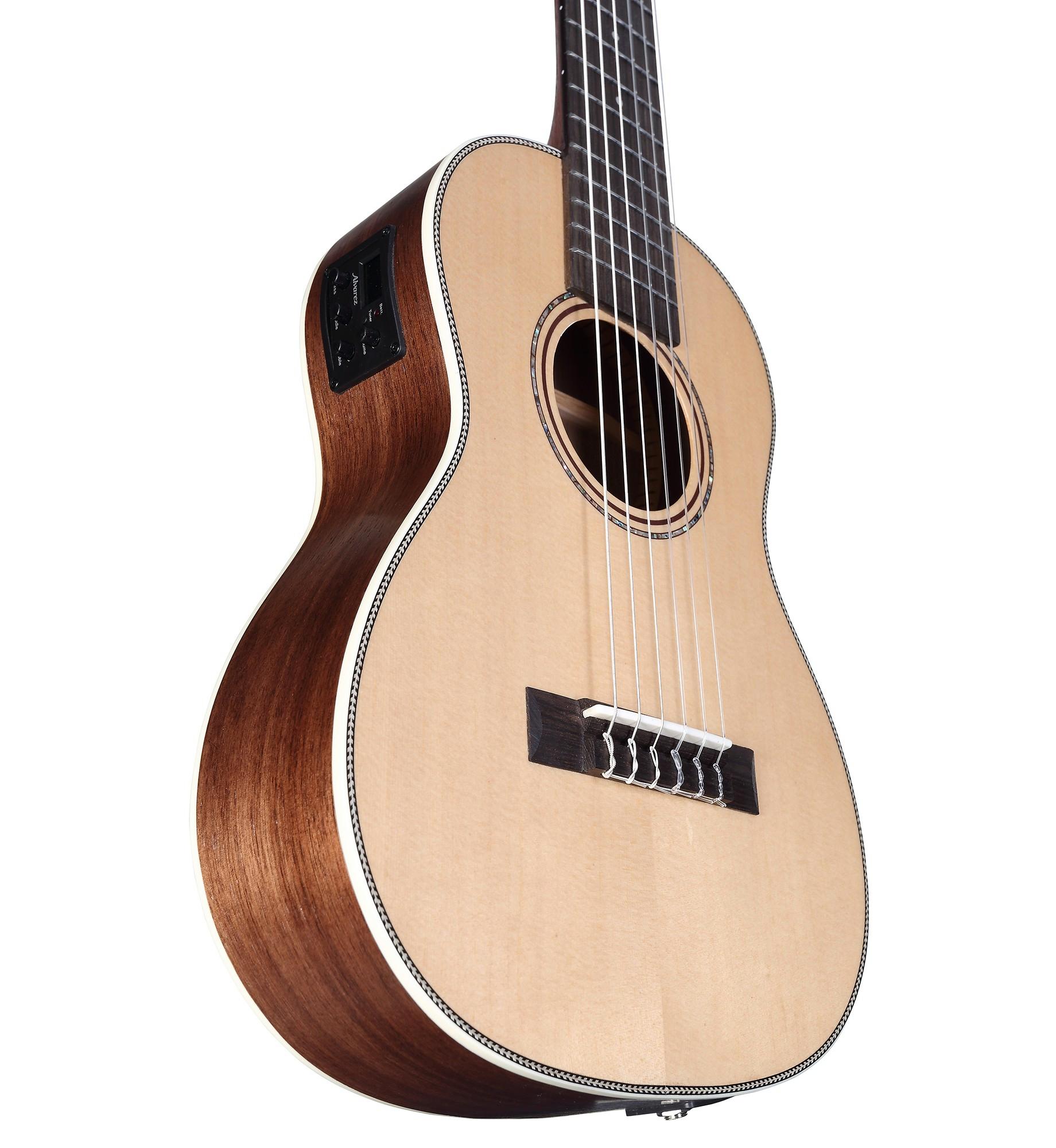 Alvarez Artist AU70BE/6 Electro Acoustic Baritone 6-String Ukulele in Natural - AU70BE6-Low-Angle.jpg