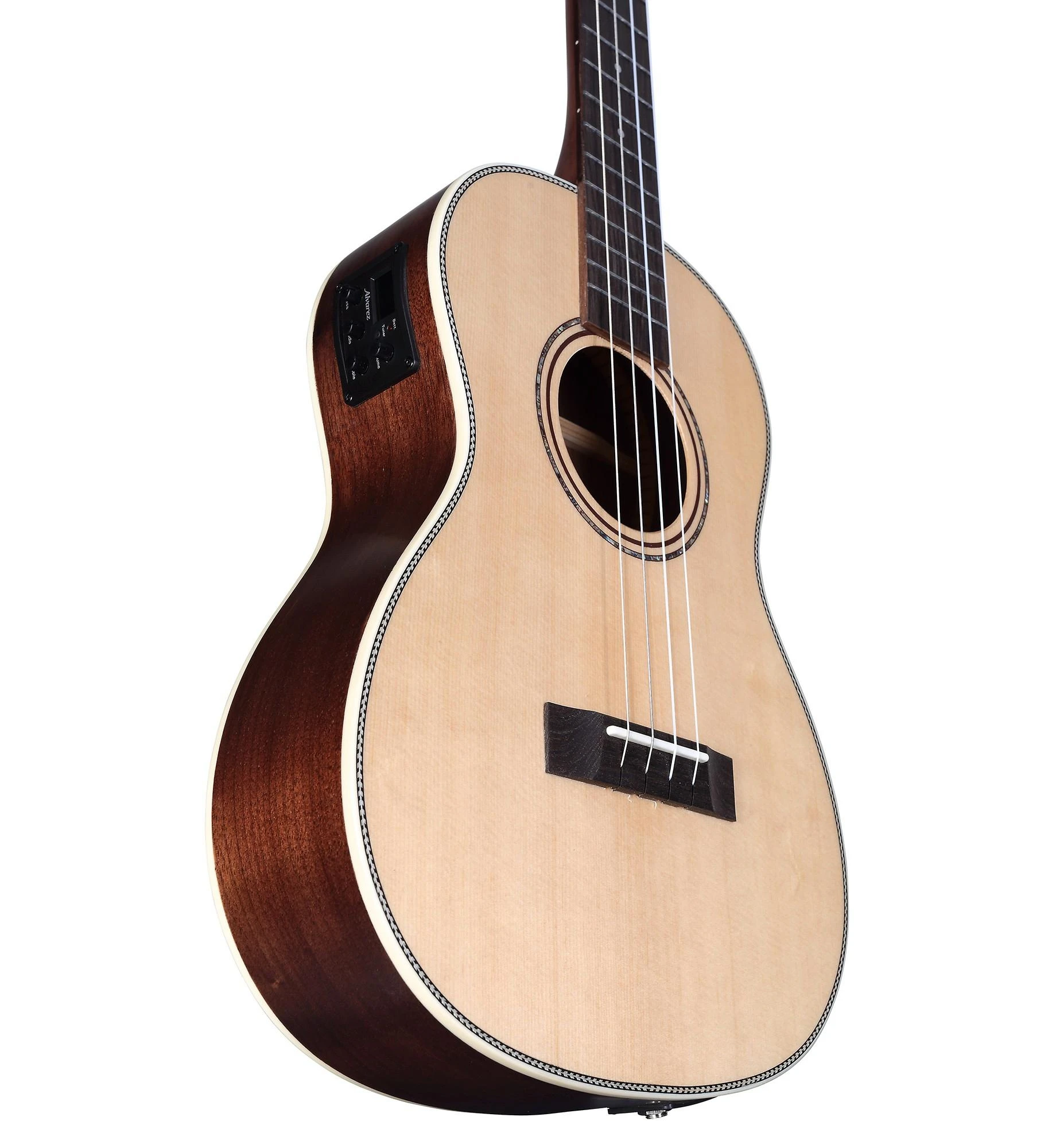 Alvarez Artist AU70BE Electro Acoustic Baritone Ukulele in Natural - AU70BE-Low-Angle.jpg