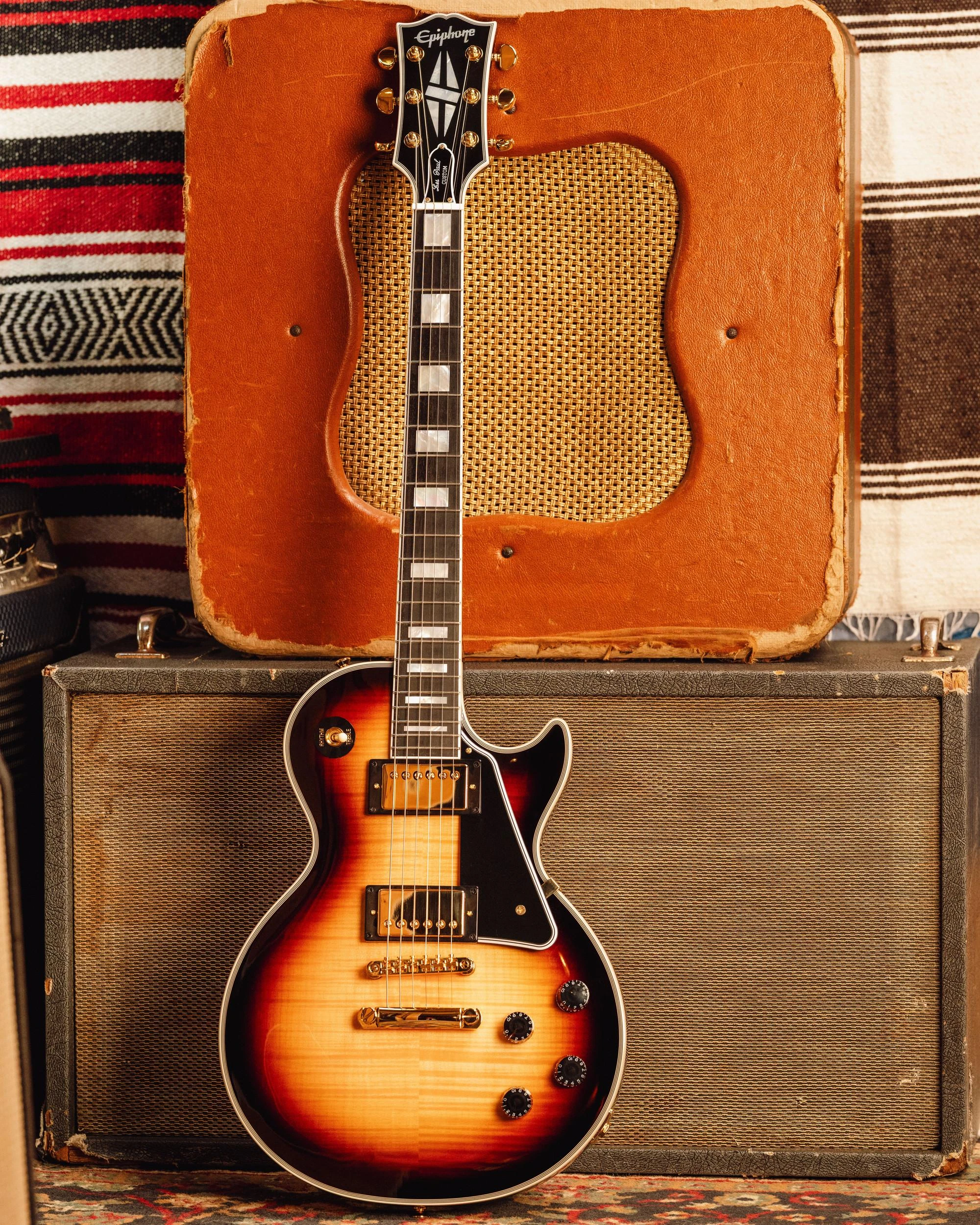 Epiphone Inspired by Gibson Custom Les Paul Custom Electric Guitar in Sedona Burst - ECLPCSDGH-Lifestyle.jpg