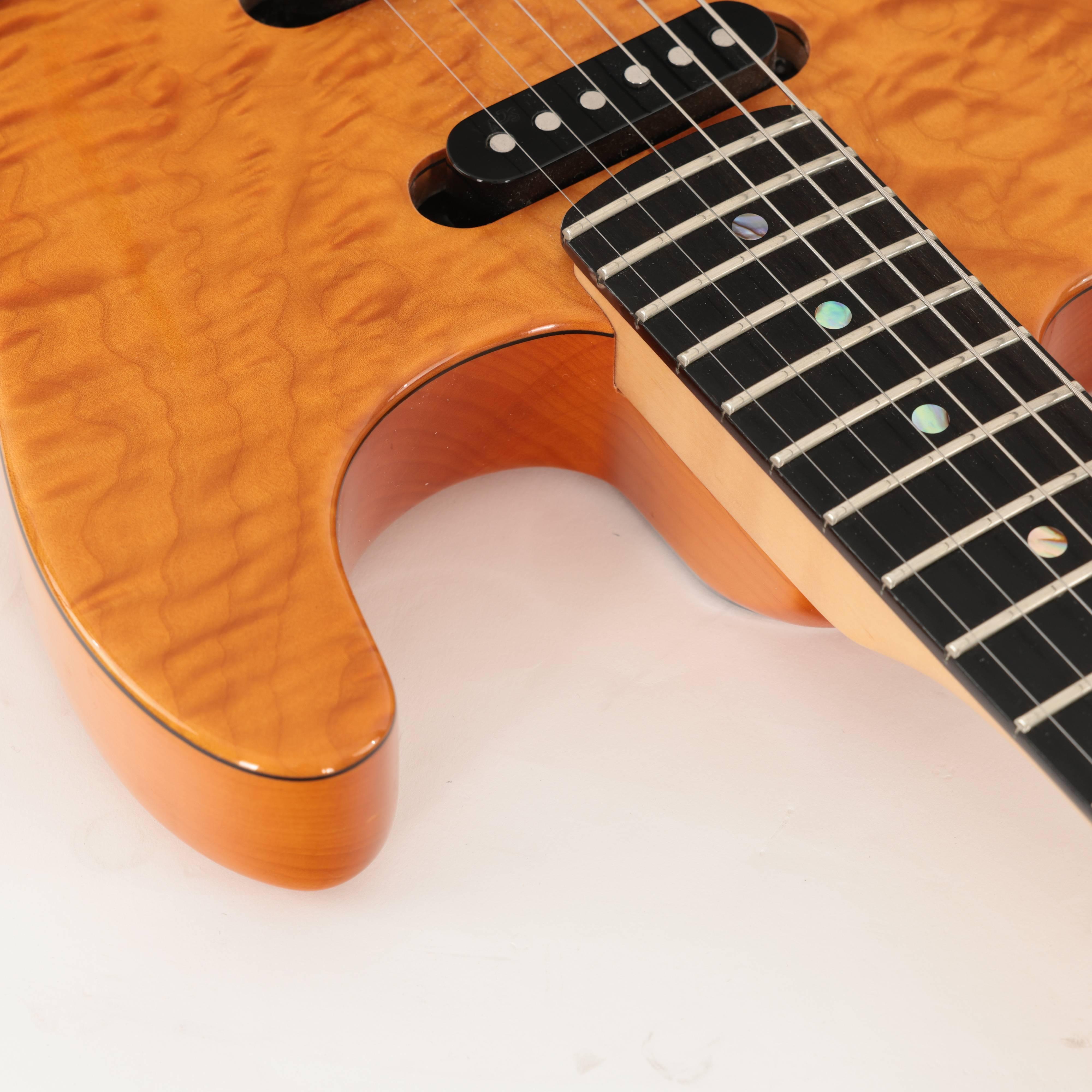 Second Hand Fender American Deluxe HSS Stratocaster Electric Guitar in QMT Amber 411 - SH-141-6411 (9).jpg
