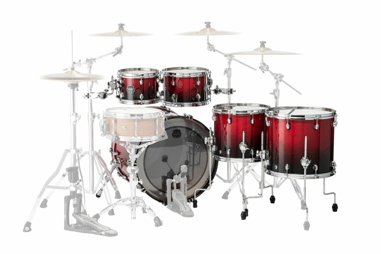 Mapex Saturn 22" Drum Kit in Scarlet Fade - SR628XU-RQ-Mapex-Satin-Classic-Studioease-22x18-10x7-12x8-14x12ft-16x14ft-TH800-x2-Scarlet-Fade-Behind.jpg