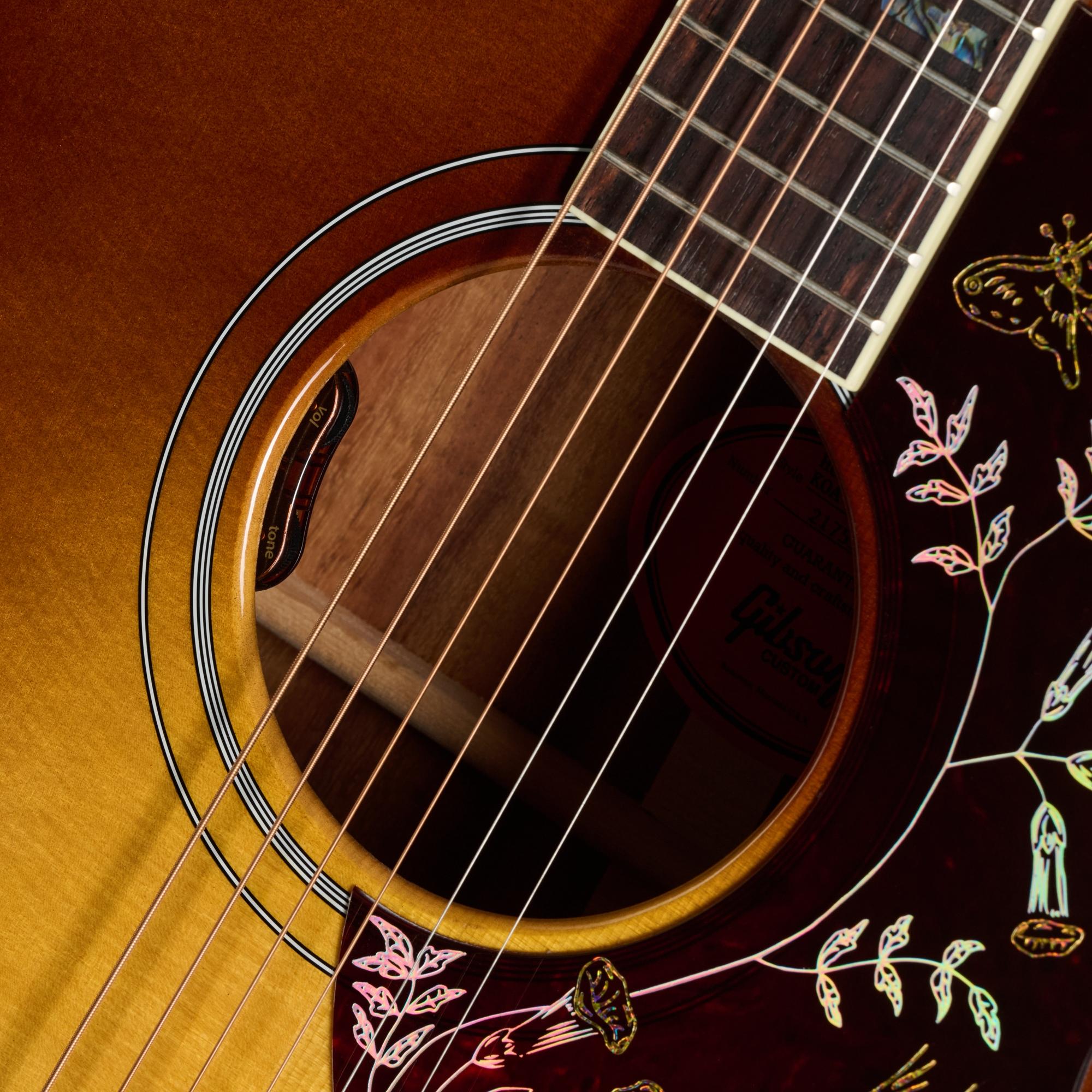 Gibson Custom Shop Hummingbird Elegant Koa Electro Acoustic Guitar in Honey Burst - CSSSHBEKHB_Soundhole.jpg