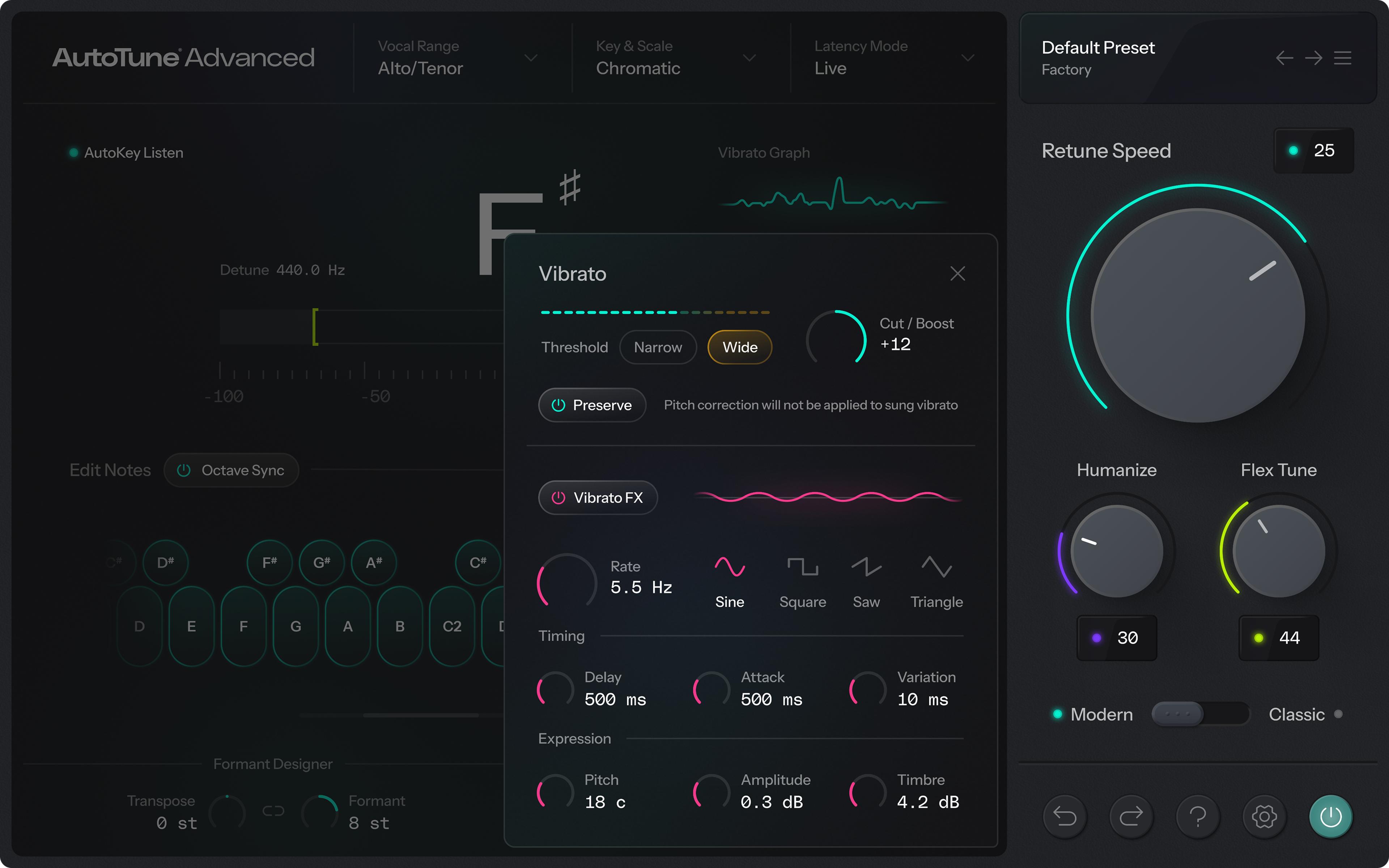 Antares AutoTune Advanced Pitch Correction Software - AutoTune Advanced - Vibrato Menu.jpg